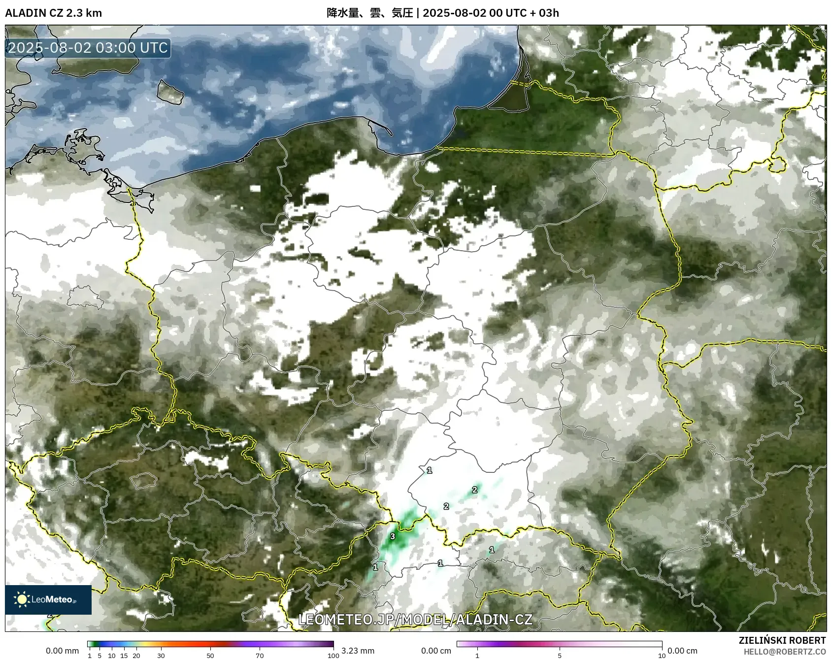 ALADIN CZ 2.3 km model - ポーランド, 降水量、雲、気圧