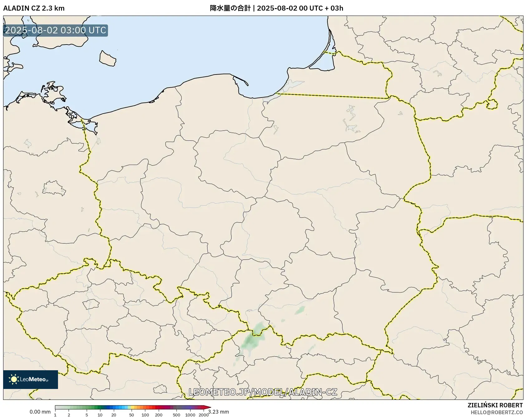 ALADIN CZ 2.3 km model - ポーランド, 降水量の合計 ALADIN CZ 2.3 km model - ポーランド, 降水量の合計