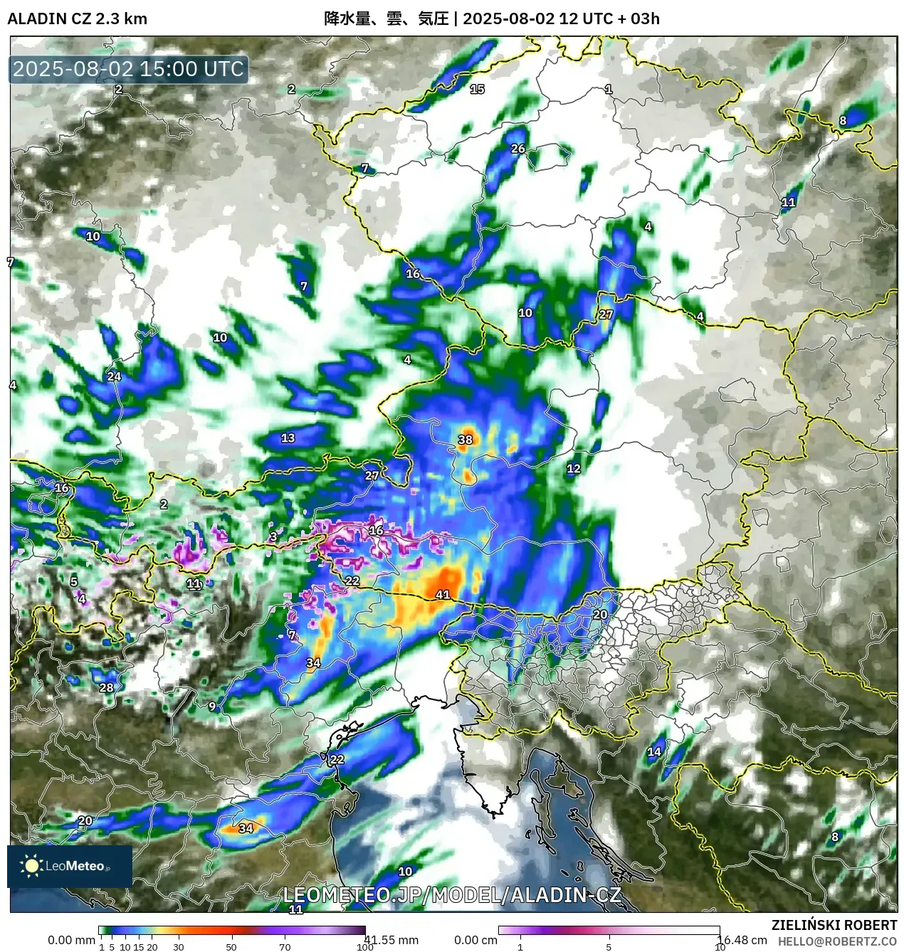 ALADIN CZ 2.3 km model - オーストリア, 降水量、雲、気圧 ALADIN CZ 2.3 km model - オーストリア, 降水量、雲、気圧