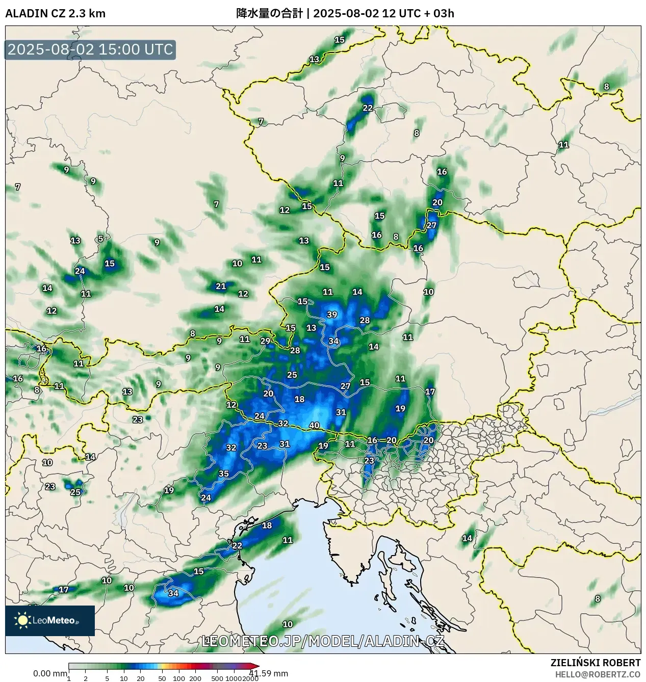 ALADIN CZ 2.3 km model - オーストリア, 降水量の合計 ALADIN CZ 2.3 km model - オーストリア, 降水量の合計