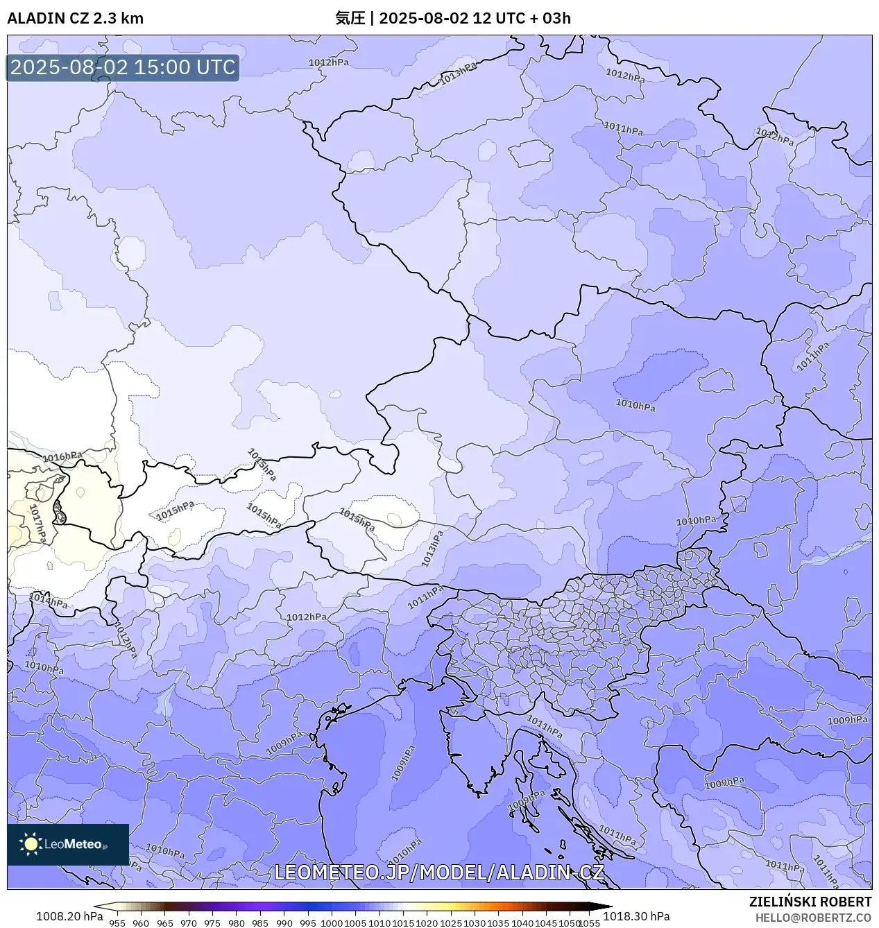 ALADIN CZ 2.3 km model - オーストリア, 気圧 ALADIN CZ 2.3 km model - オーストリア, 気圧