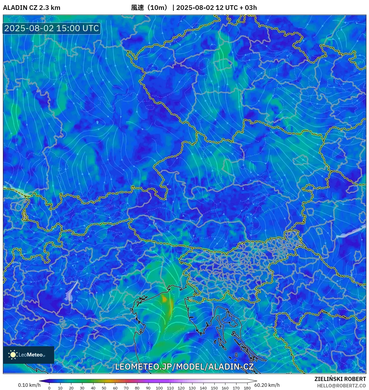 ALADIN CZ 2.3 km model - オーストリア, 風速（10m）