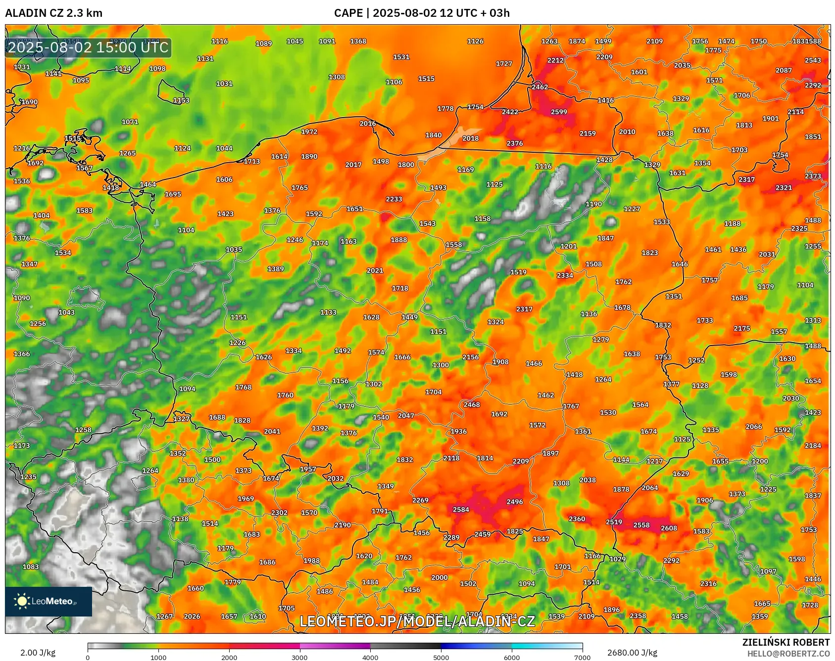 ALADIN CZ 2.3 km model - ポーランド, CAPE ALADIN CZ 2.3 km model - ポーランド, CAPE