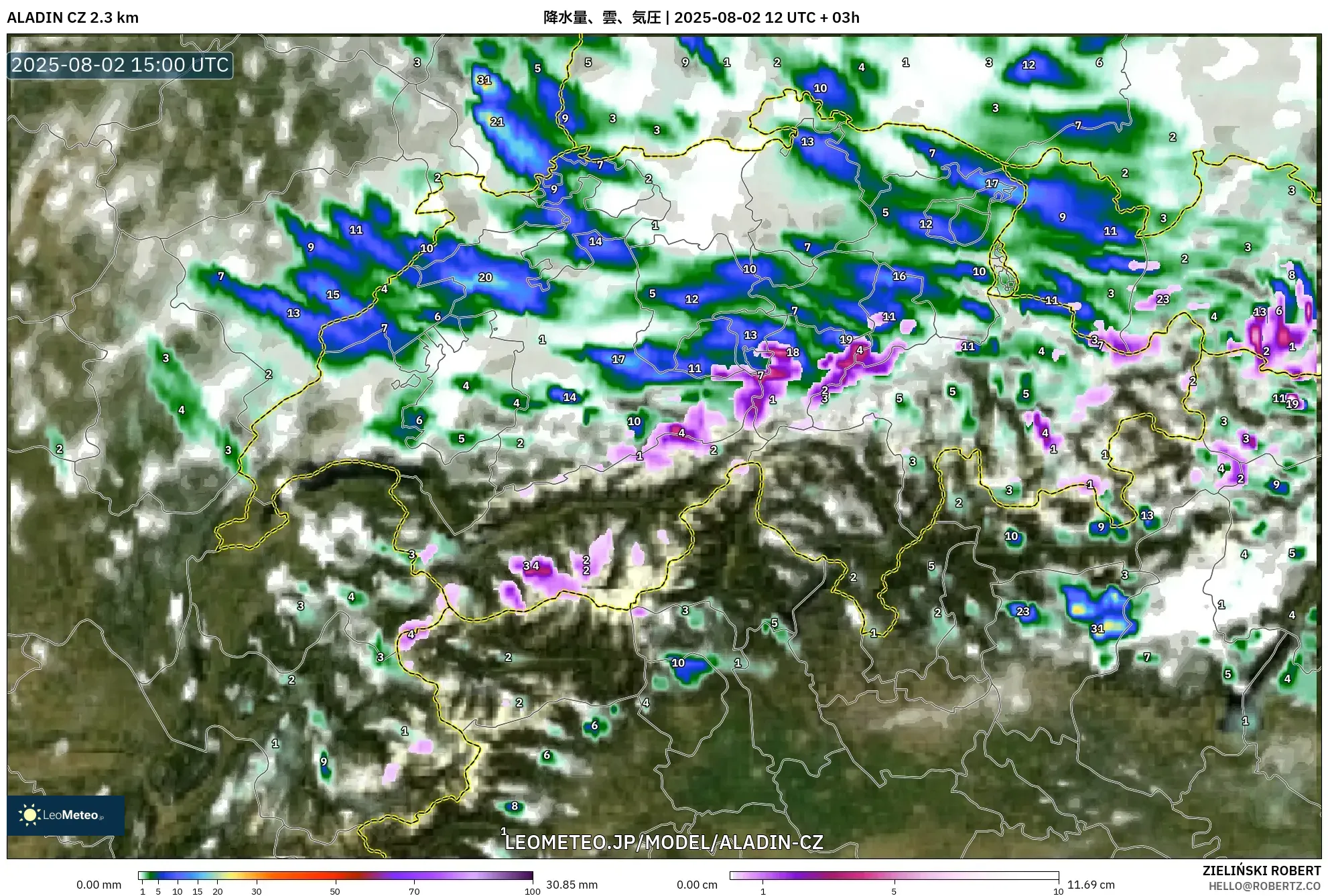 ALADIN CZ 2.3 km model - スイス, 降水量、雲、気圧 ALADIN CZ 2.3 km model - スイス, 降水量、雲、気圧