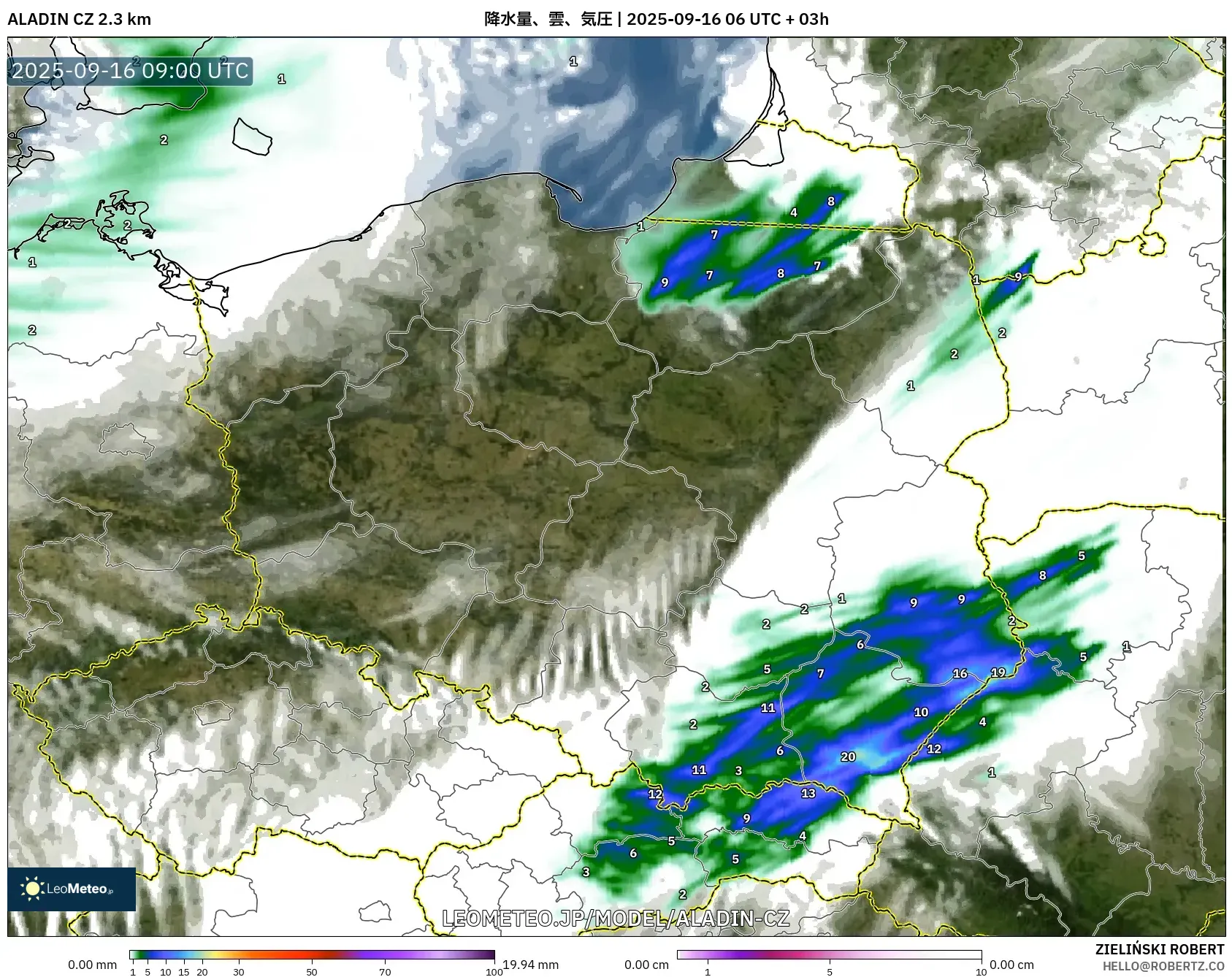 ALADIN CZ 2.3 km model - ポーランド, 降水量、雲、気圧