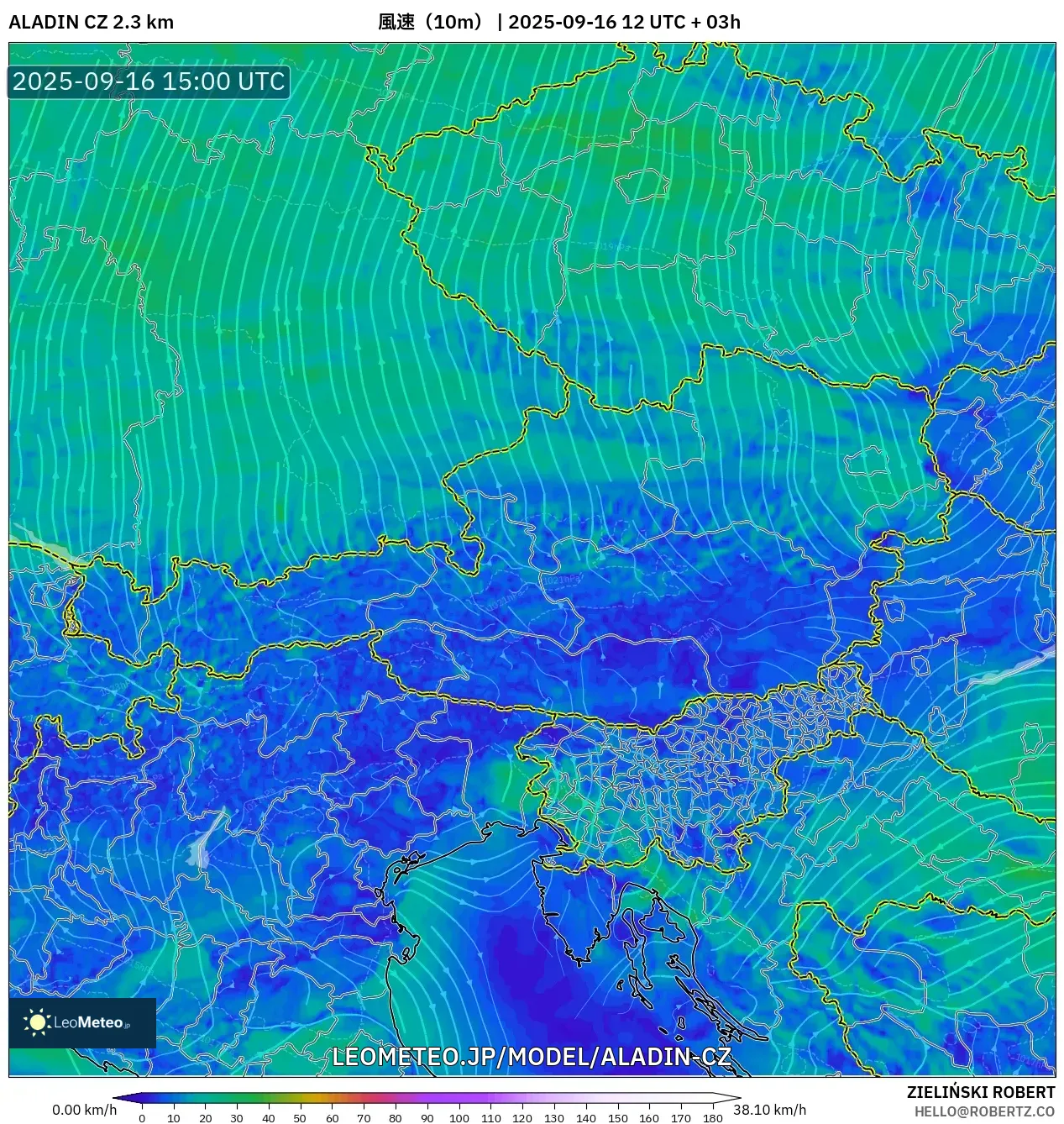 ALADIN CZ 2.3 km model - オーストリア, 風速（10m）