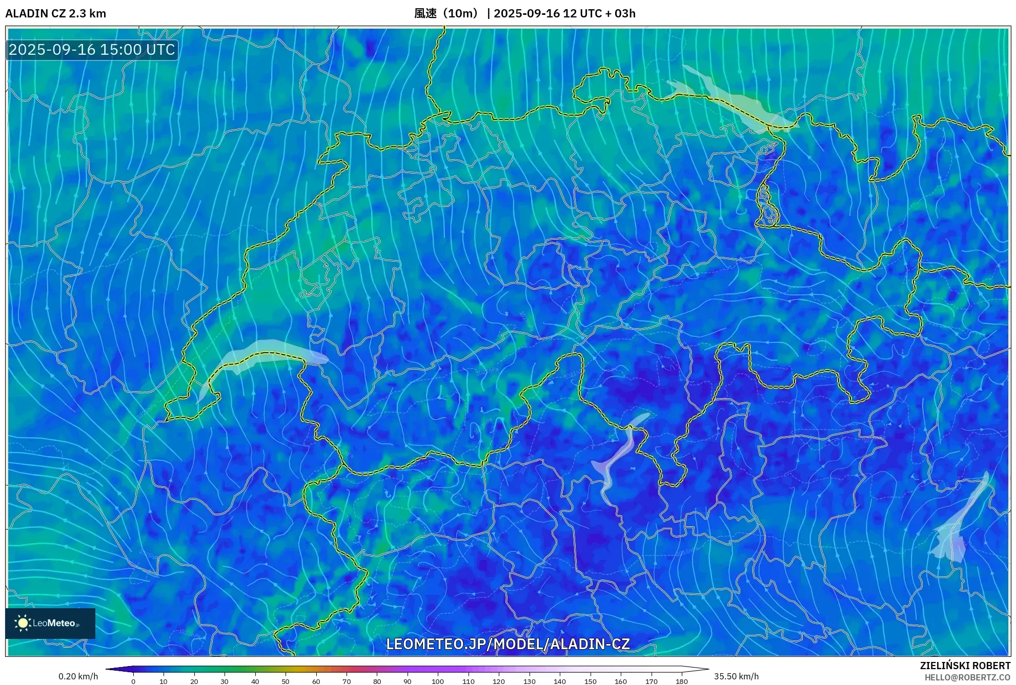 ALADIN CZ 2.3 km model - スイス, 風速（10m）
