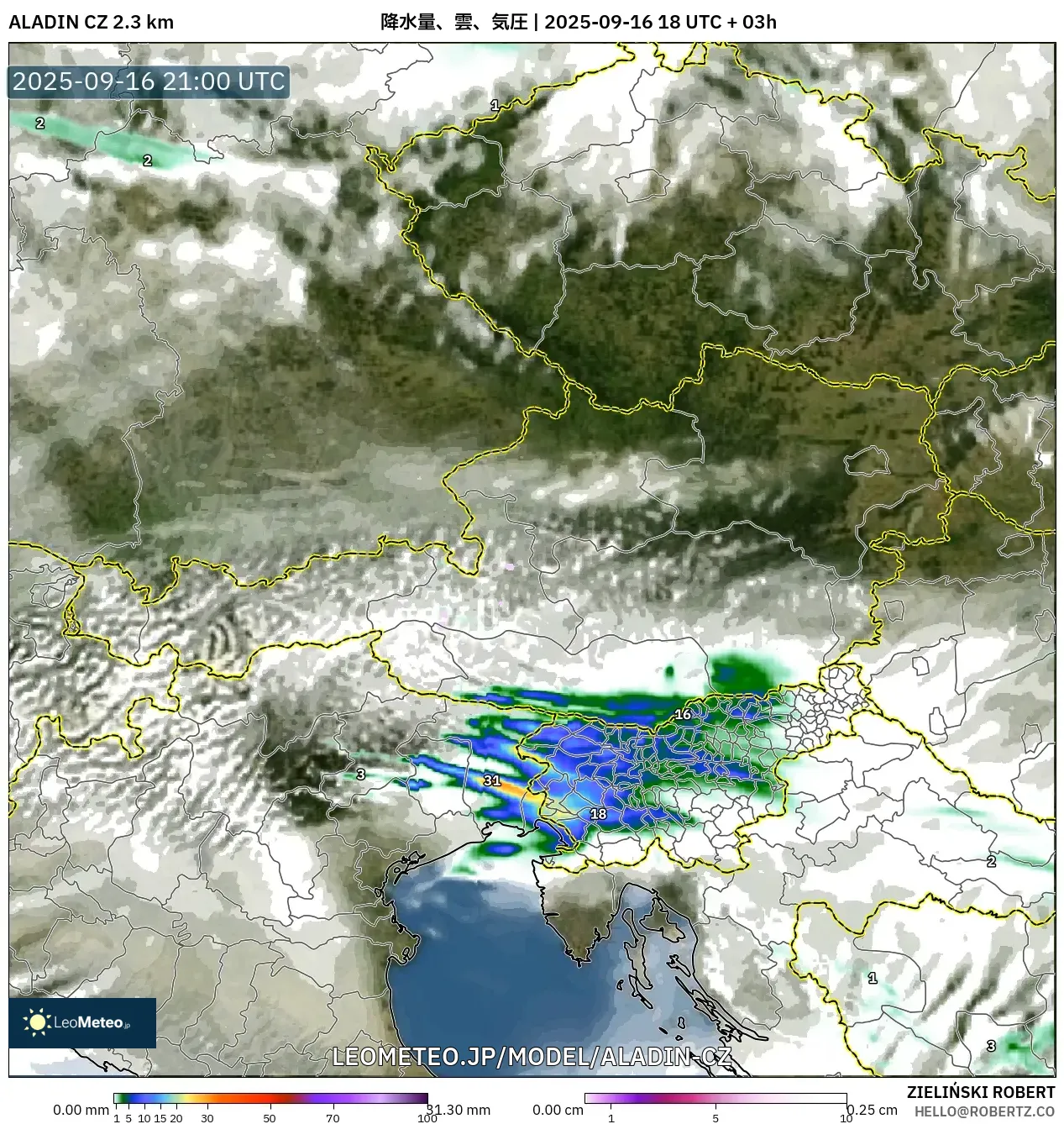 ALADIN CZ 2.3 km model - オーストリア, 降水量、雲、気圧