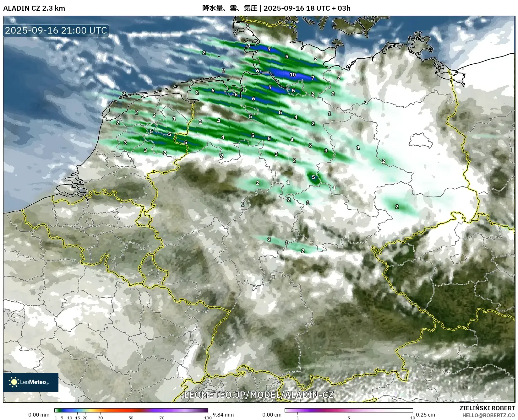ALADIN CZ 2.3 km model - ドイツ, 降水量、雲、気圧 ALADIN CZ 2.3 km model - ドイツ, 降水量、雲、気圧