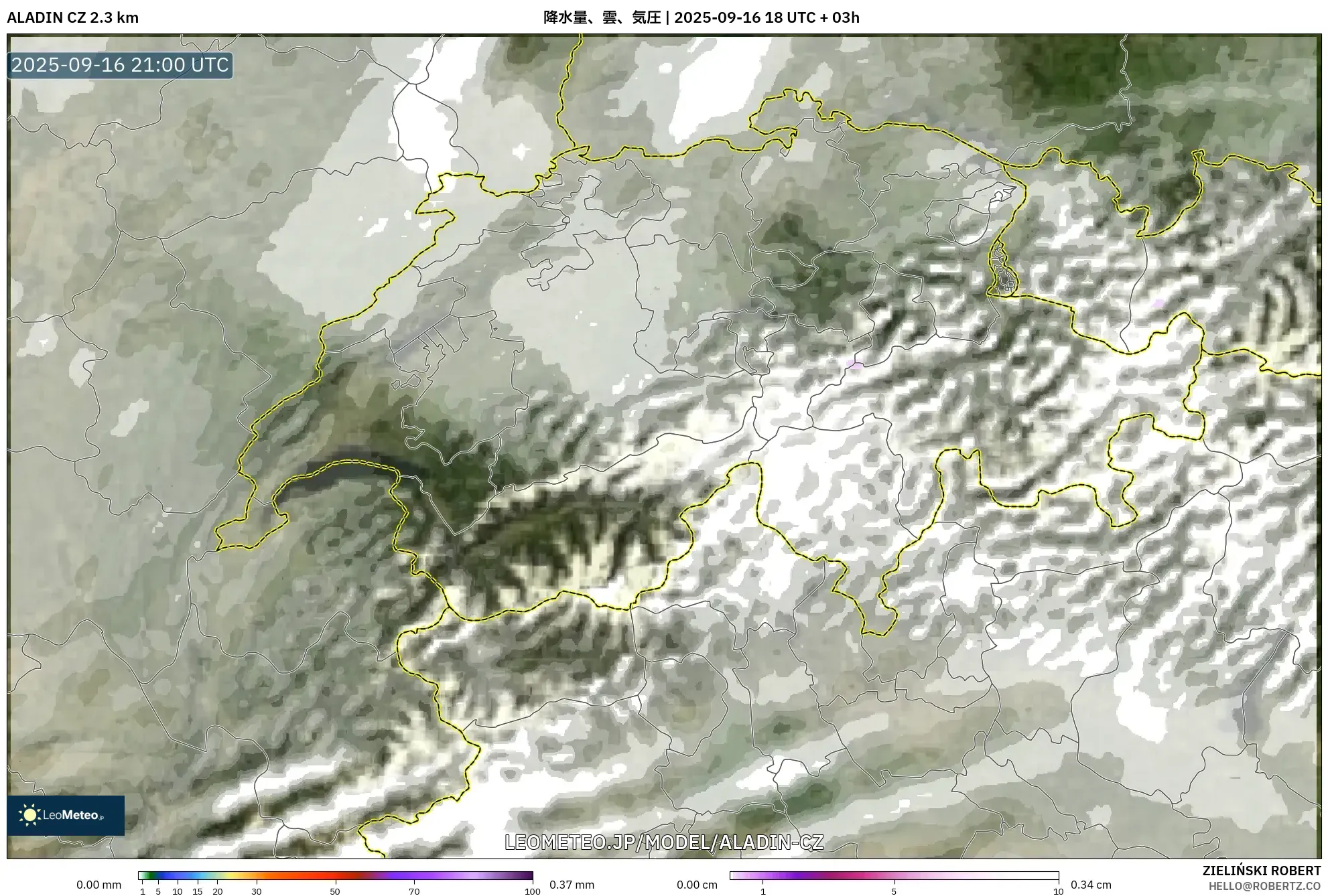 ALADIN CZ 2.3 km model - スイス, 降水量、雲、気圧