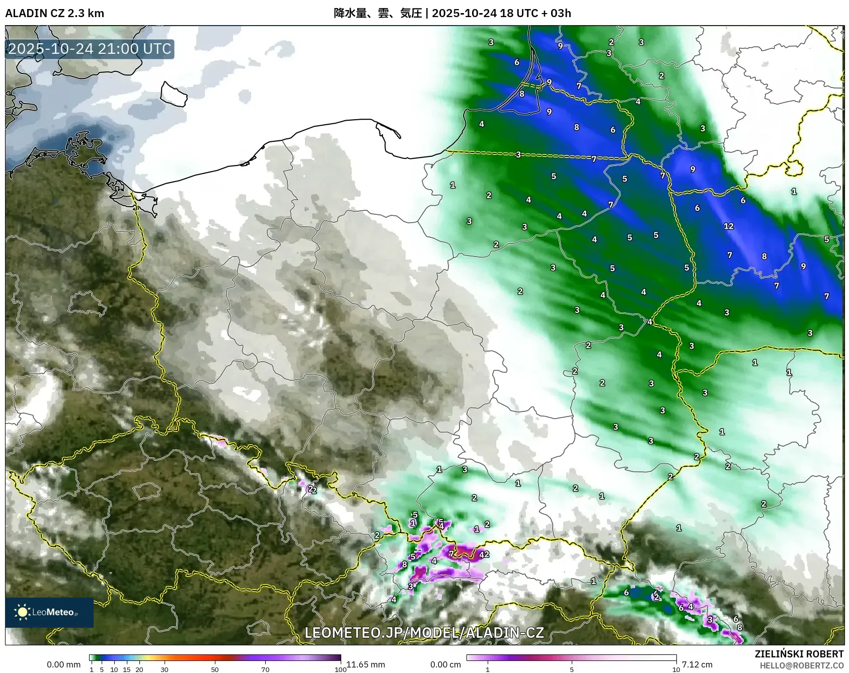 ALADIN CZ 2.3 km model - ポーランド, 降水量、雲、気圧 ALADIN CZ 2.3 km model - ポーランド, 降水量、雲、気圧
