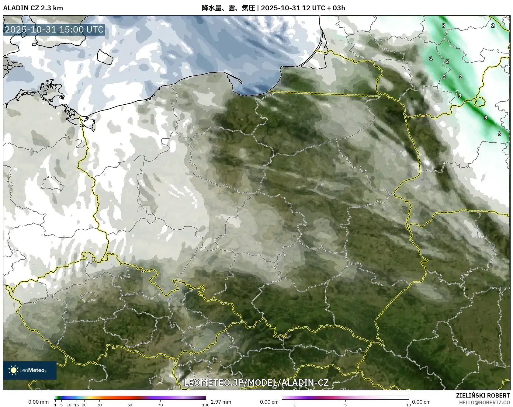 ALADIN CZ 2.3 km model - ポーランド, 降水量、雲、気圧 ALADIN CZ 2.3 km model - ポーランド, 降水量、雲、気圧