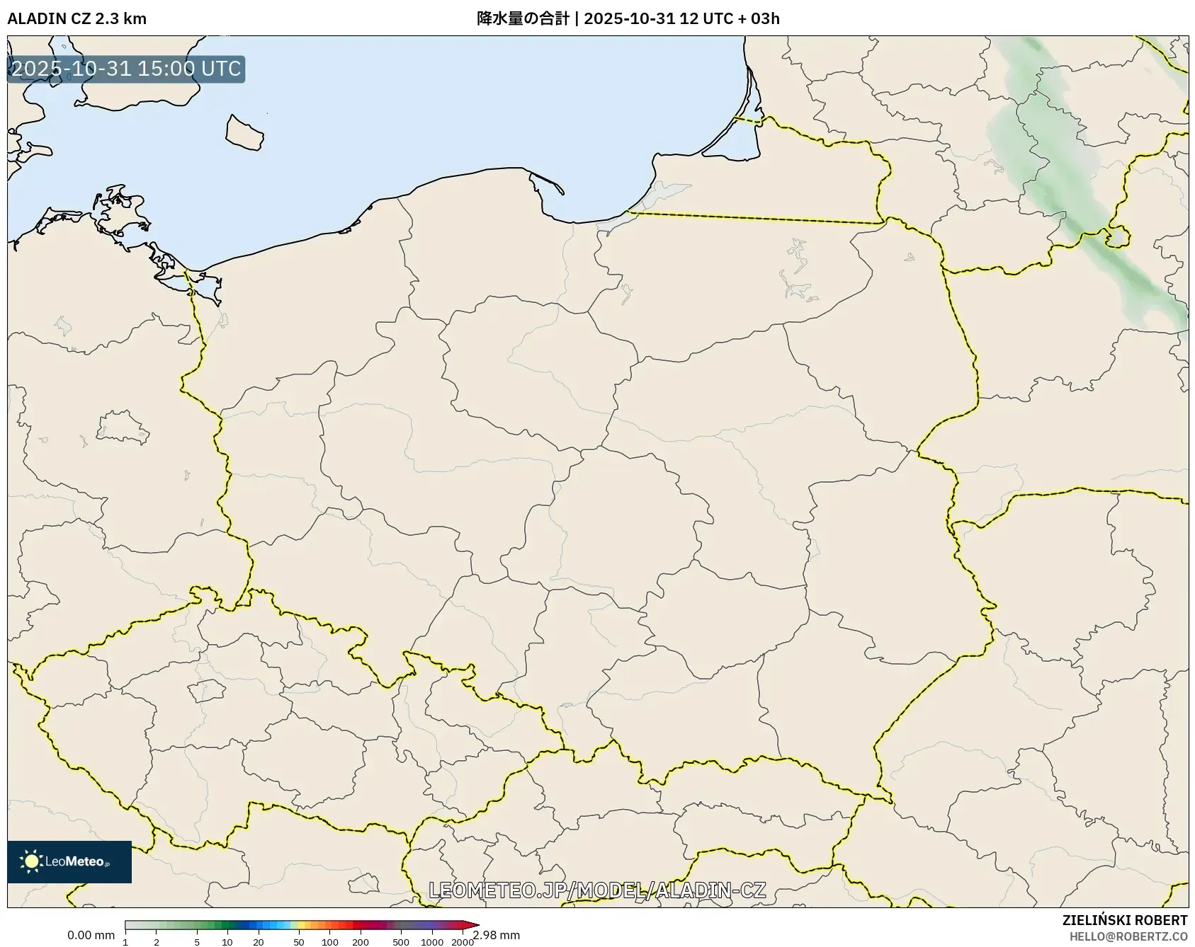 ALADIN CZ 2.3 km model - ポーランド, 降水量の合計 ALADIN CZ 2.3 km model - ポーランド, 降水量の合計