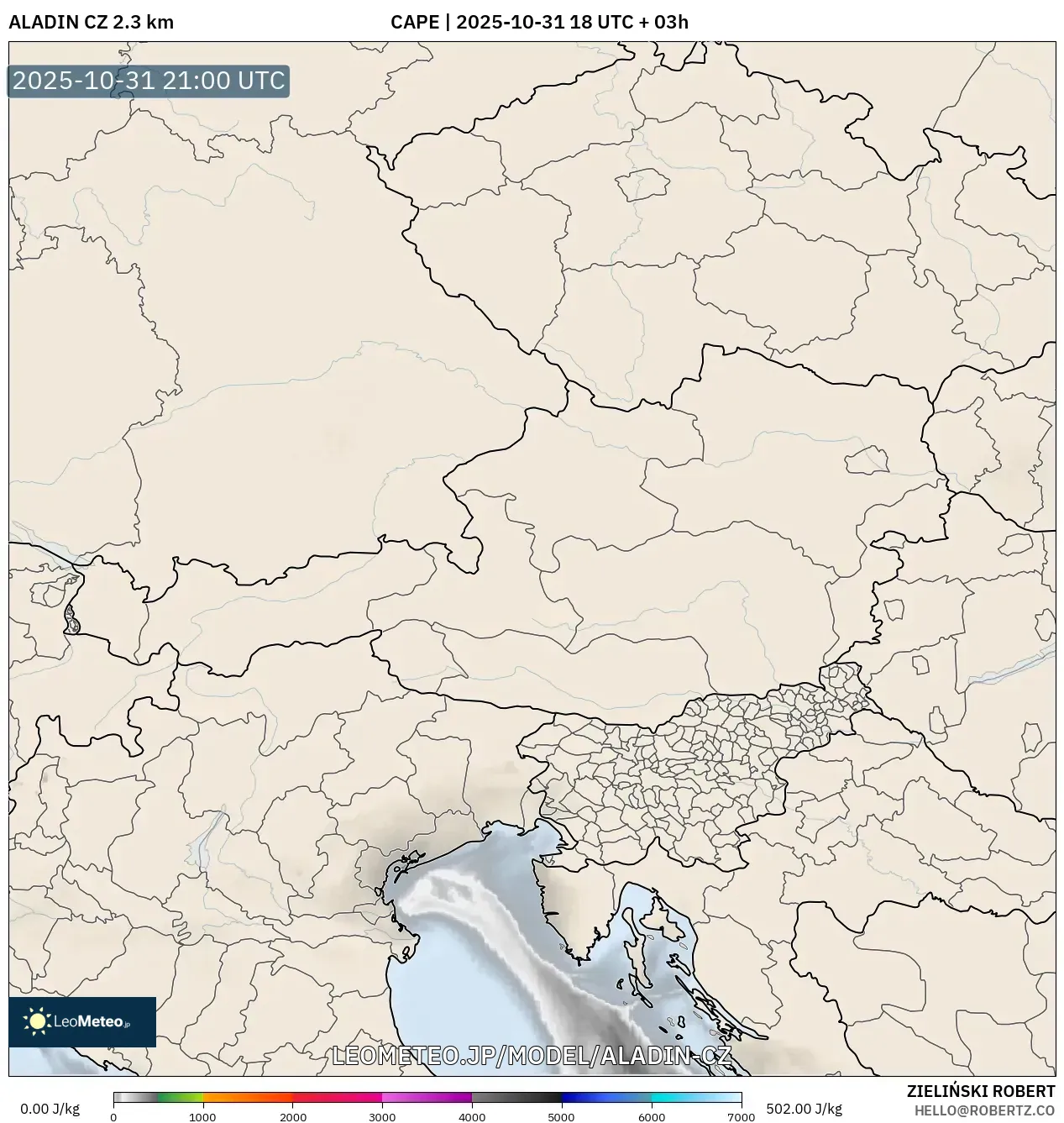 ALADIN CZ 2.3 km model - オーストリア, CAPE ALADIN CZ 2.3 km model - オーストリア, CAPE