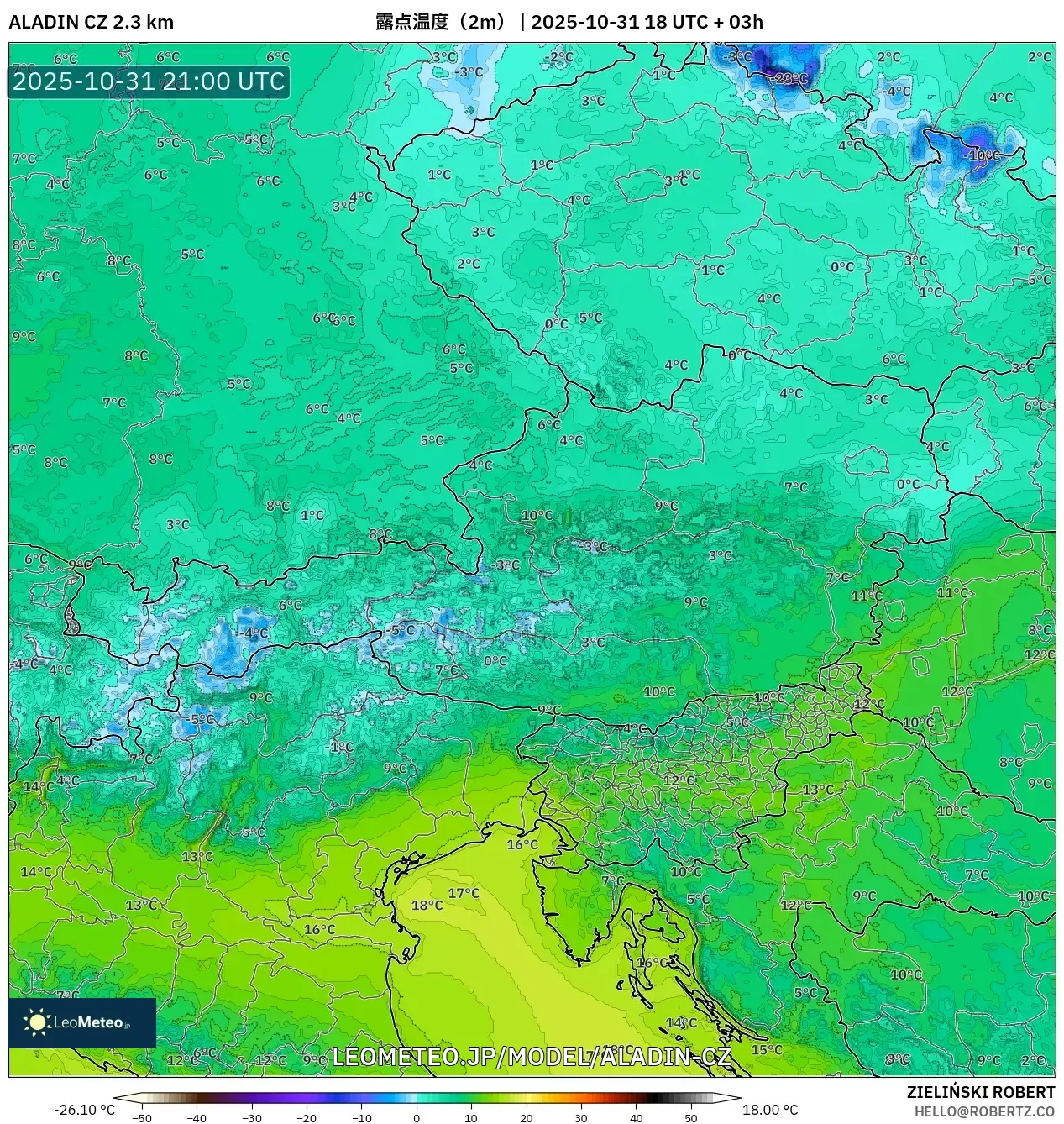 ALADIN CZ 2.3 km model - オーストリア, 露点温度(2m) ALADIN CZ 2.3 km model - オーストリア, 露点温度(2m)