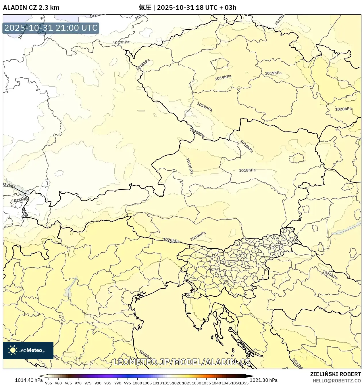 ALADIN CZ 2.3 km model - オーストリア, 気圧 ALADIN CZ 2.3 km model - オーストリア, 気圧