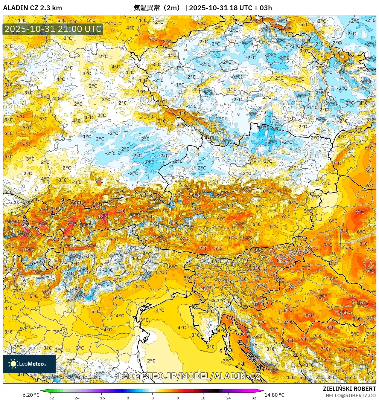 ALADIN CZ 2.3 km model - オーストリア, 気温異常（2m）