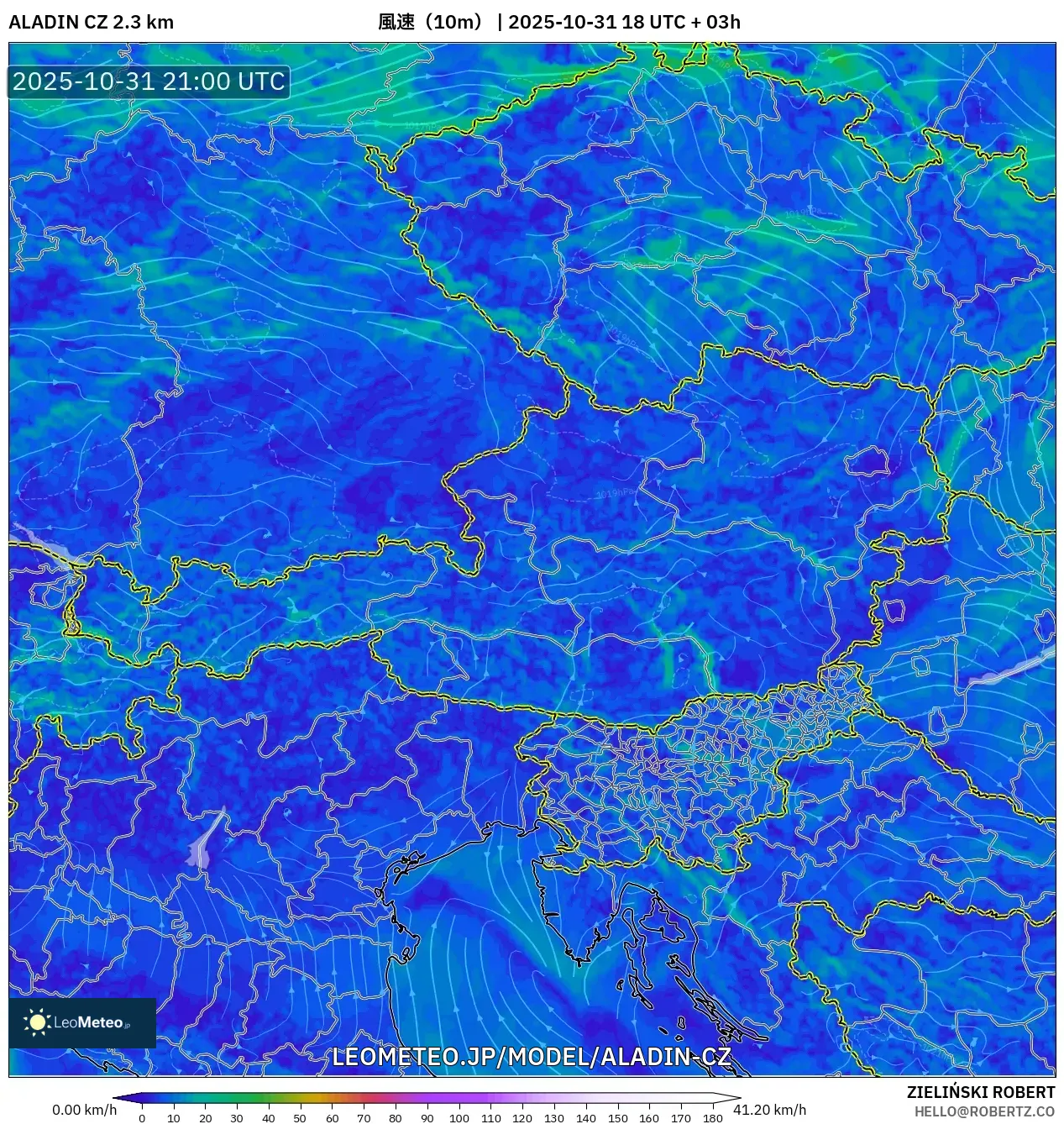 ALADIN CZ 2.3 km model - オーストリア, 風速(10m) ALADIN CZ 2.3 km model - オーストリア, 風速(10m)