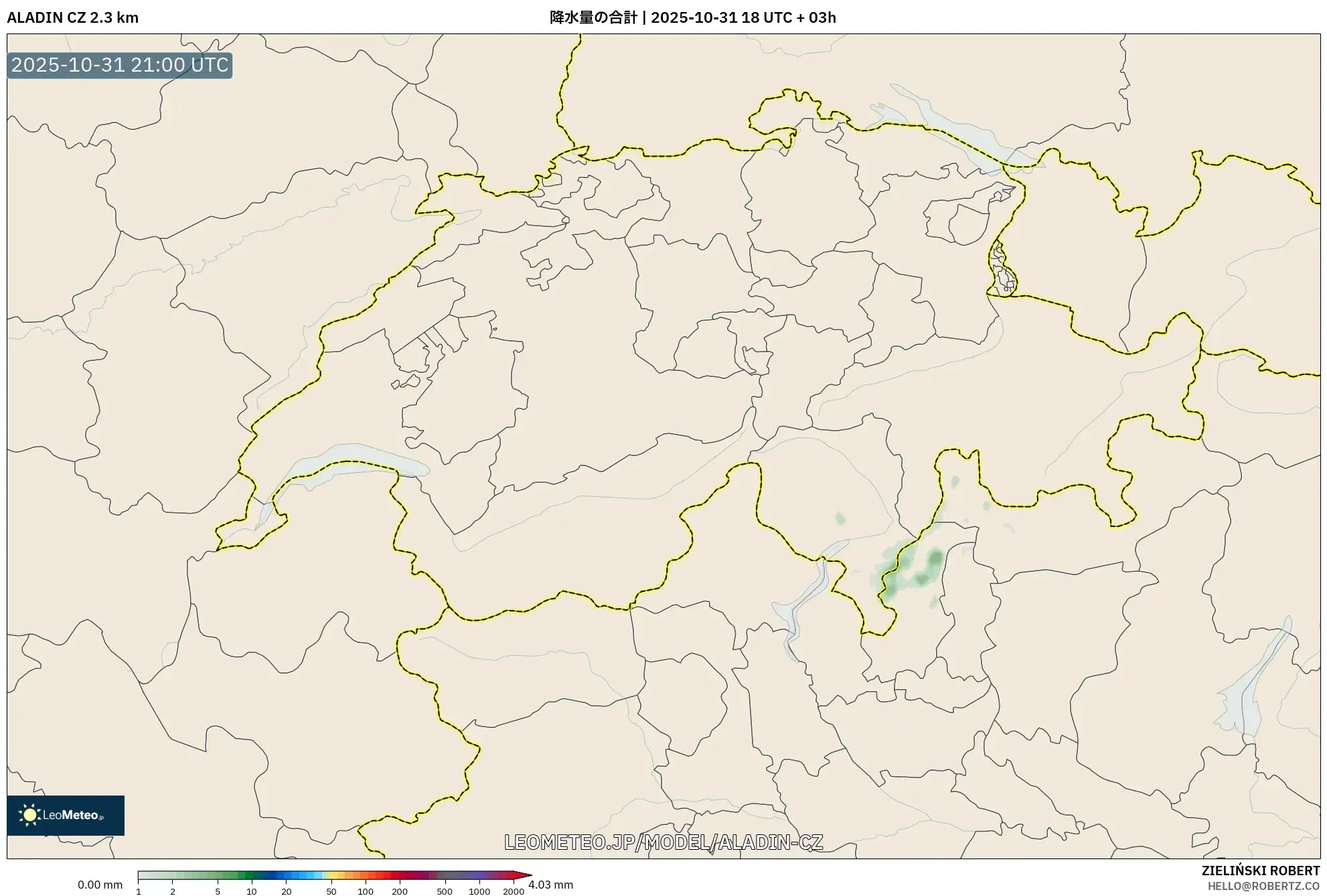 ALADIN CZ 2.3 km model - スイス, 降水量の合計 ALADIN CZ 2.3 km model - スイス, 降水量の合計