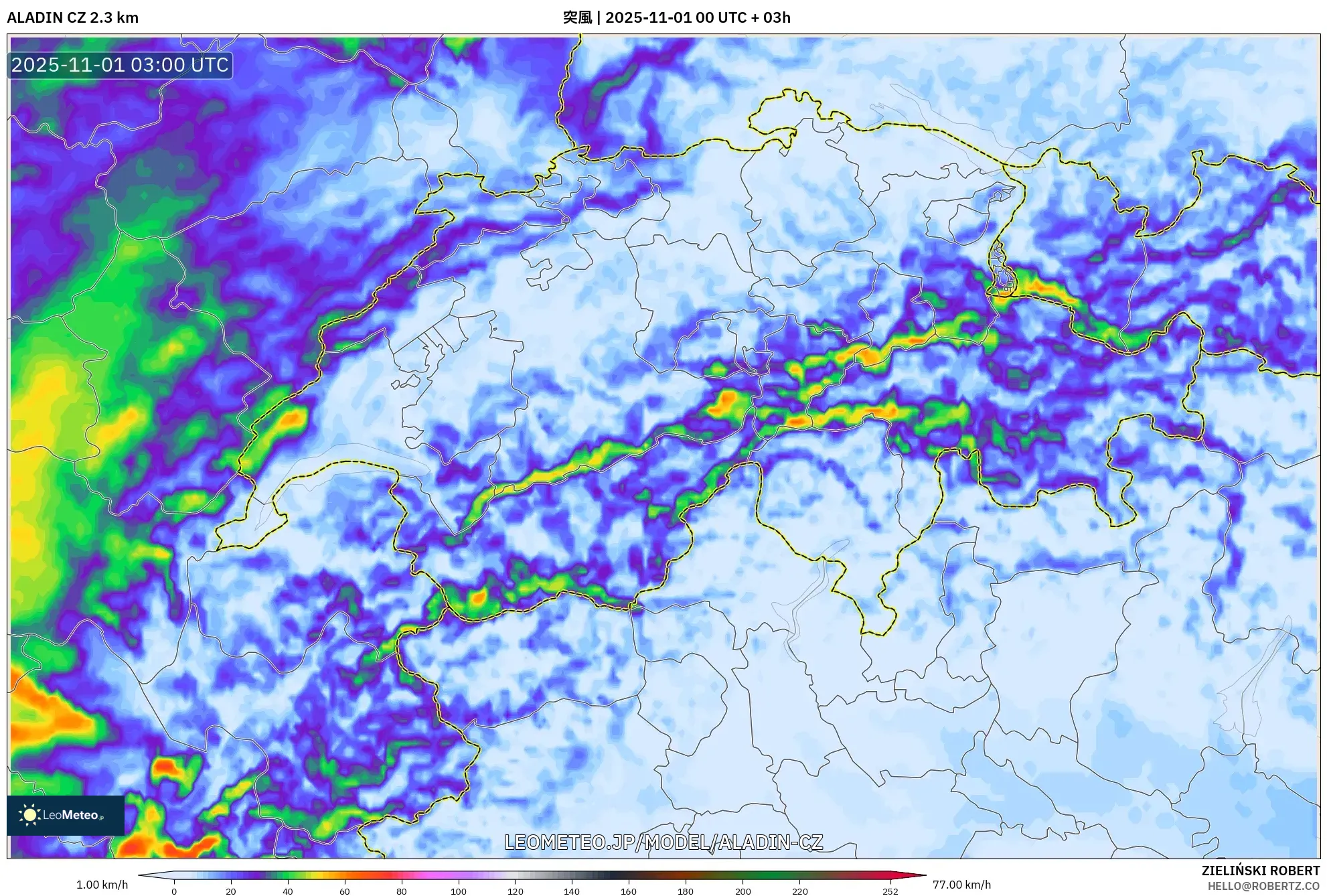 ALADIN CZ 2.3 km model - スイス, 突風 ALADIN CZ 2.3 km model - スイス, 突風