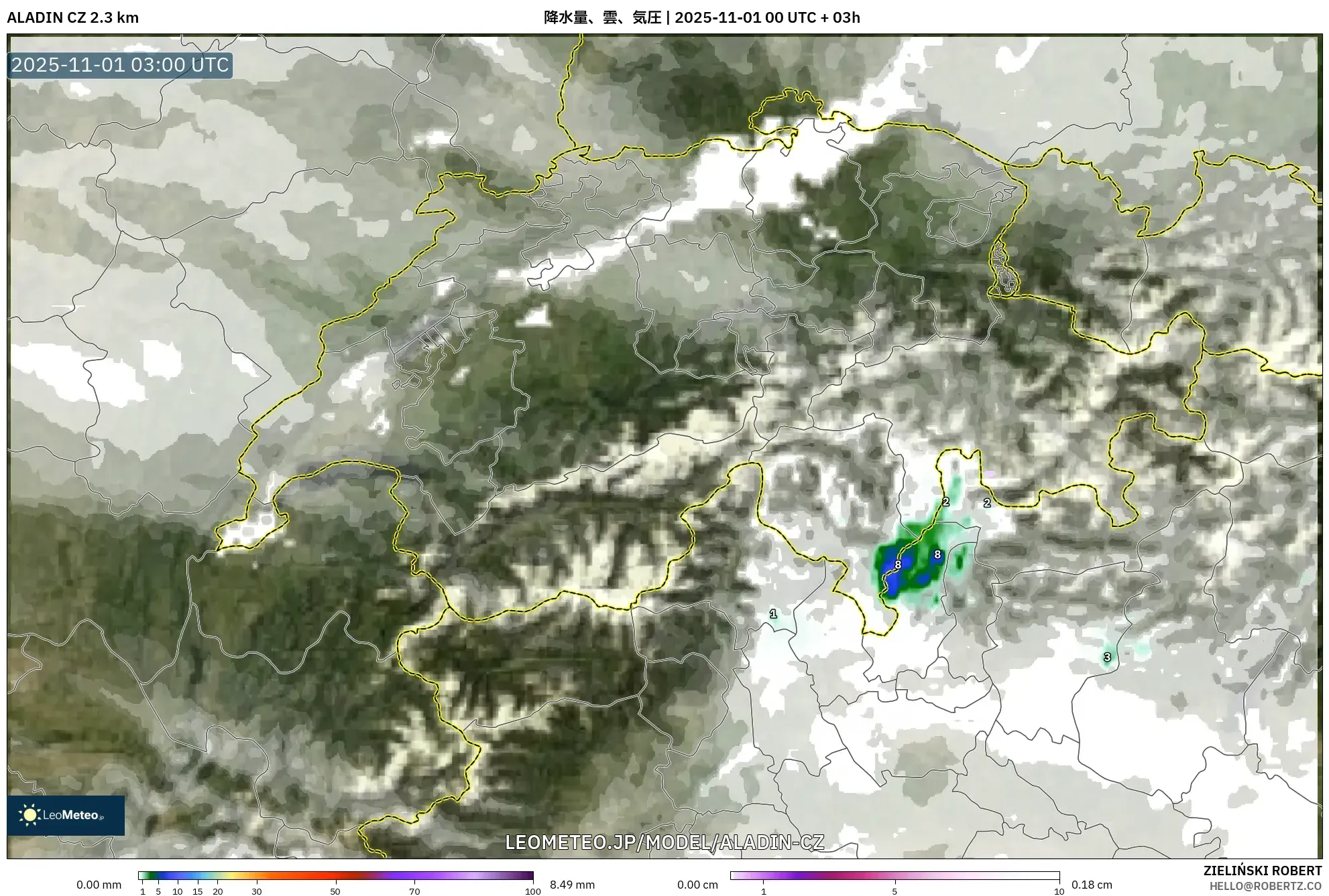 ALADIN CZ 2.3 km model - スイス, 降水量、雲、気圧 ALADIN CZ 2.3 km model - スイス, 降水量、雲、気圧
