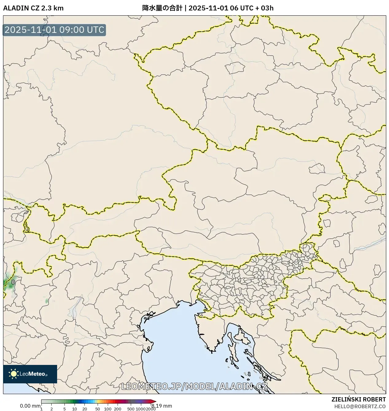 ALADIN CZ 2.3 km model - オーストリア, 降水量の合計 ALADIN CZ 2.3 km model - オーストリア, 降水量の合計