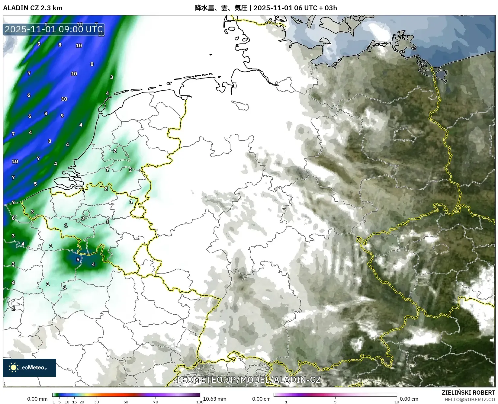 ALADIN CZ 2.3 km model - ドイツ, 降水量、雲、気圧 ALADIN CZ 2.3 km model - ドイツ, 降水量、雲、気圧
