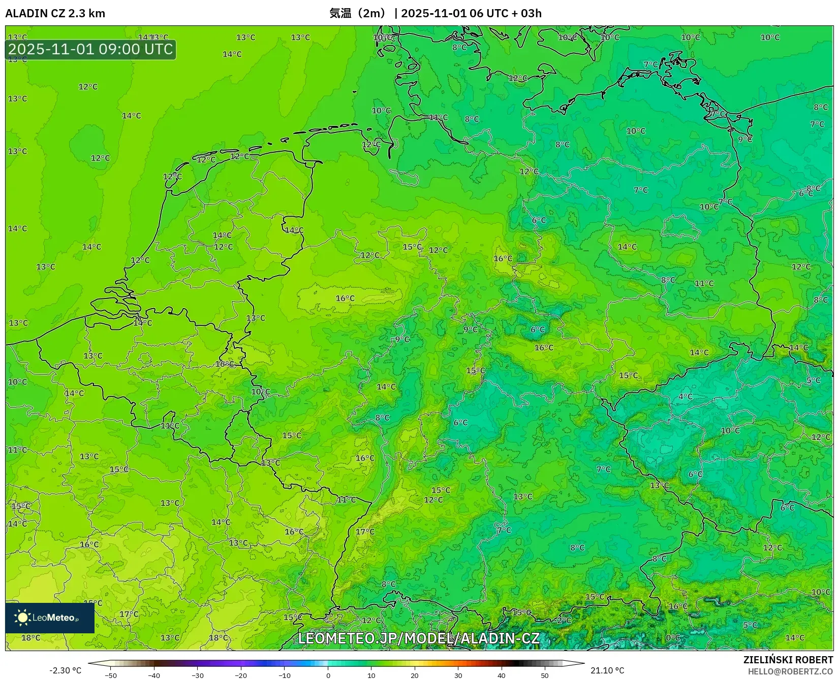 ALADIN CZ 2.3 km model - ドイツ, 気温(2m) ALADIN CZ 2.3 km model - ドイツ, 気温(2m)