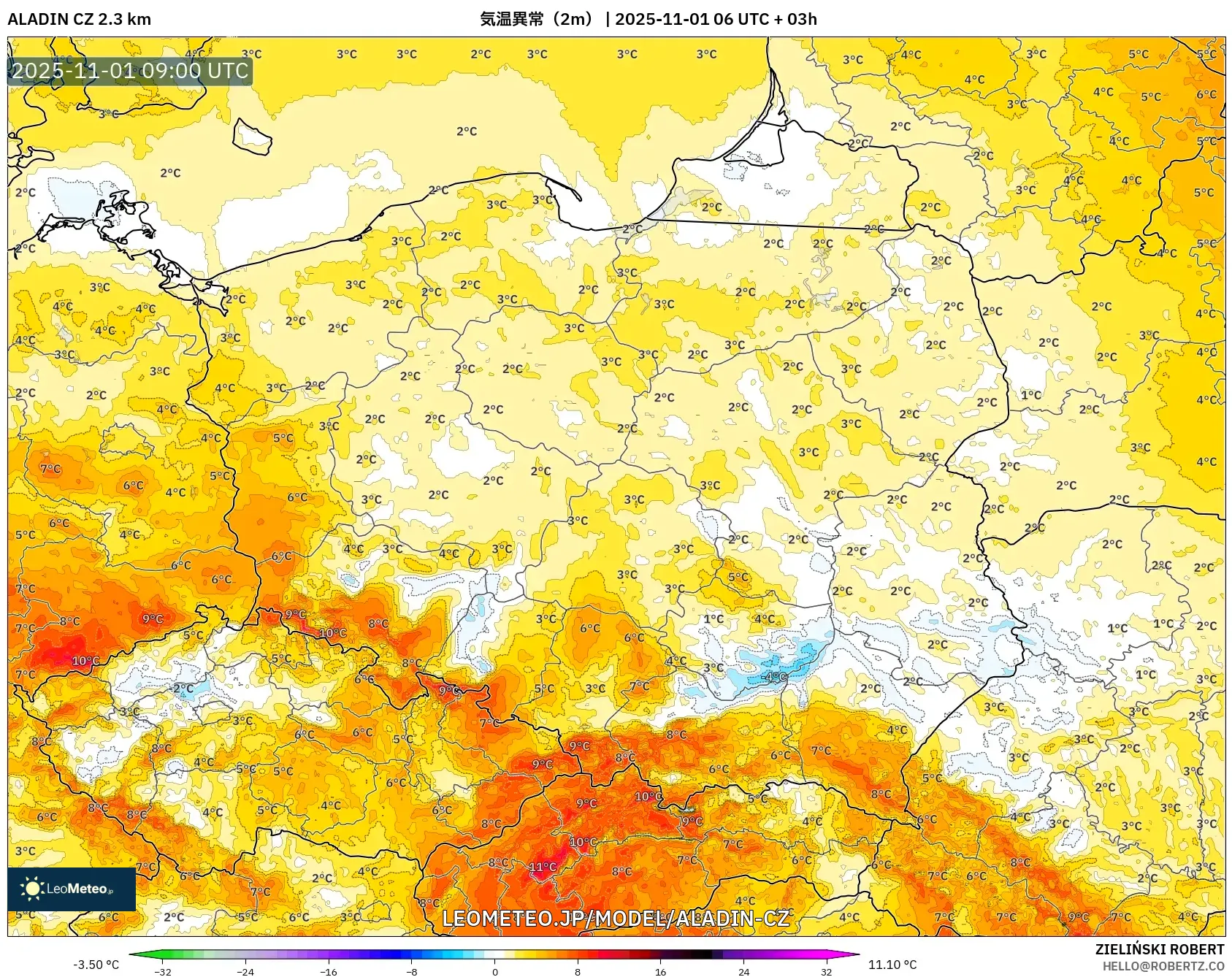 ALADIN CZ 2.3 km model - ポーランド, 気温異常(2m) ALADIN CZ 2.3 km model - ポーランド, 気温異常(2m)