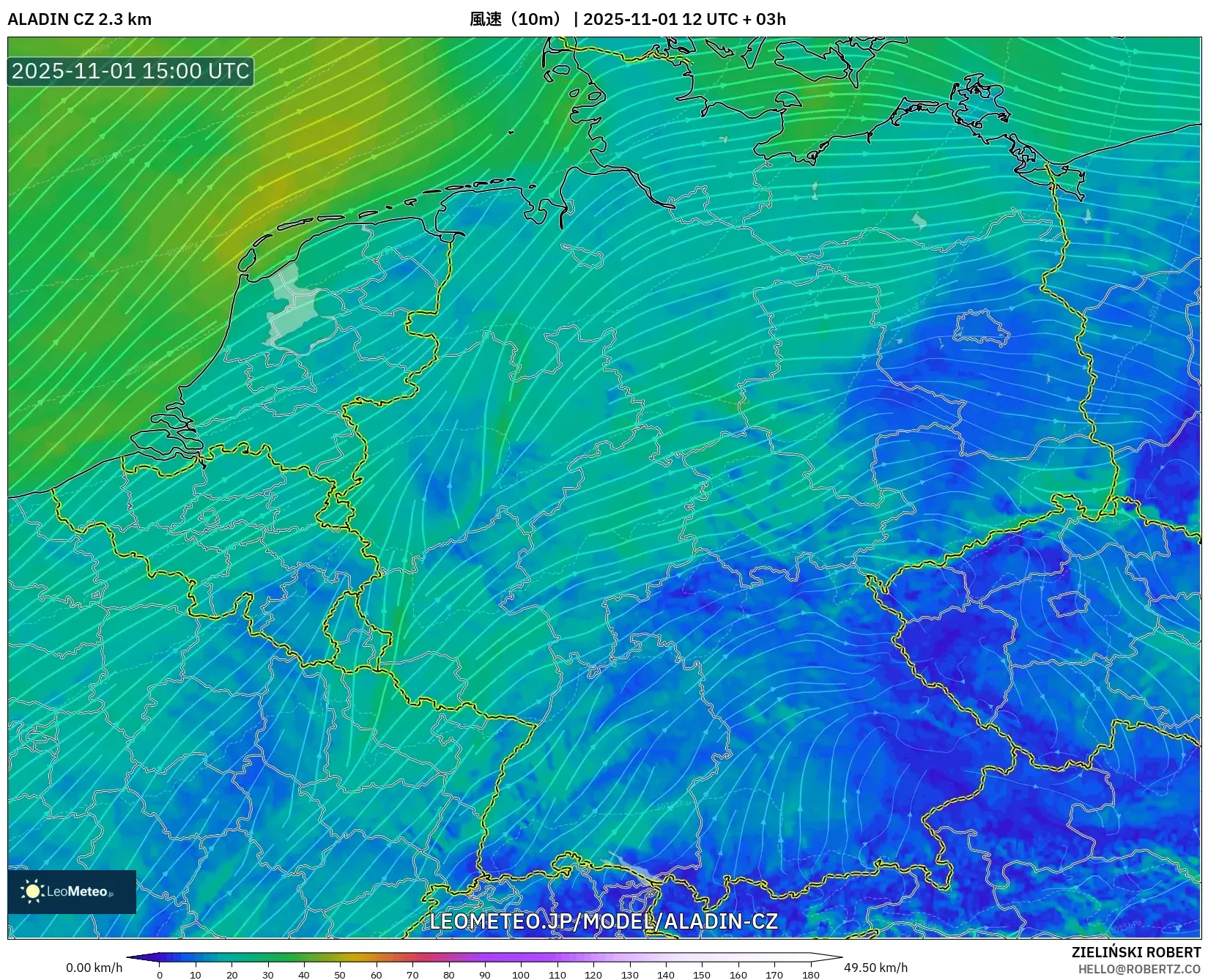 ALADIN CZ 2.3 km model - ドイツ, 風速(10m) ALADIN CZ 2.3 km model - ドイツ, 風速(10m)