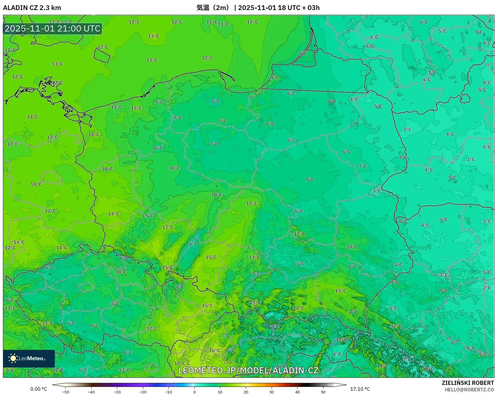 ALADIN CZ 2.3 km model - ポーランド, 気温（2m）