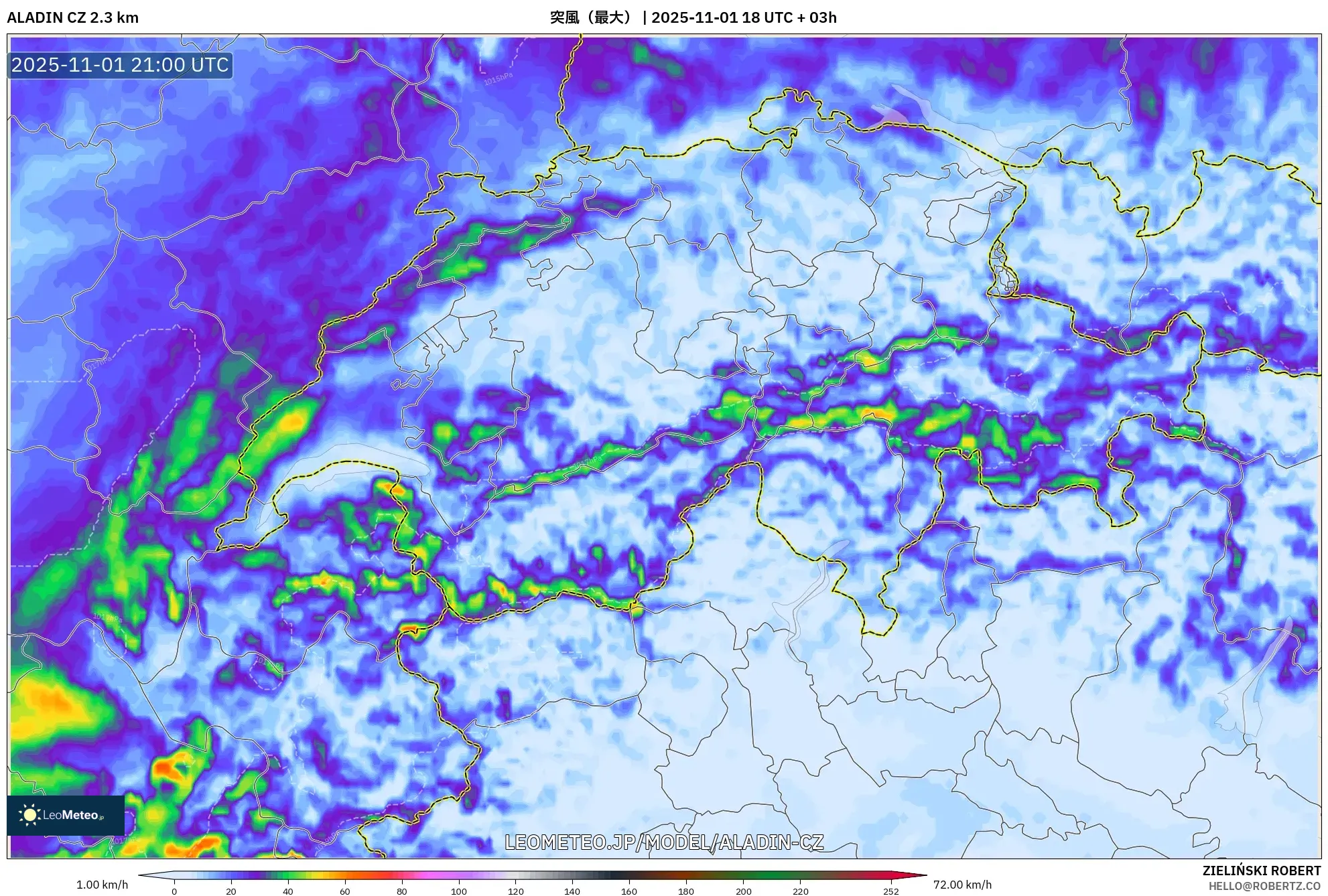 ALADIN CZ 2.3 km model - スイス, 突風(最大) ALADIN CZ 2.3 km model - スイス, 突風(最大)