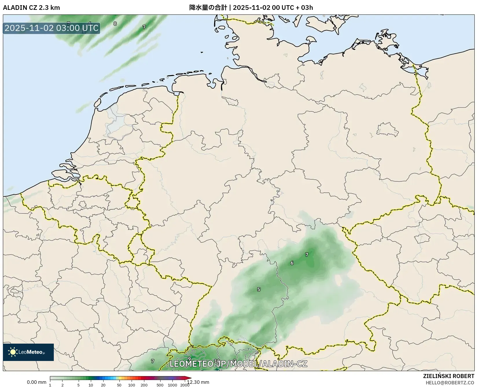 ALADIN CZ 2.3 km model - ドイツ, 降水量の合計 ALADIN CZ 2.3 km model - ドイツ, 降水量の合計