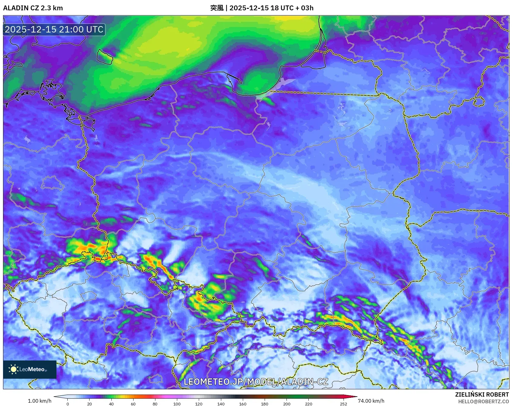 ALADIN CZ 2.3 km model - ポーランド, 突風