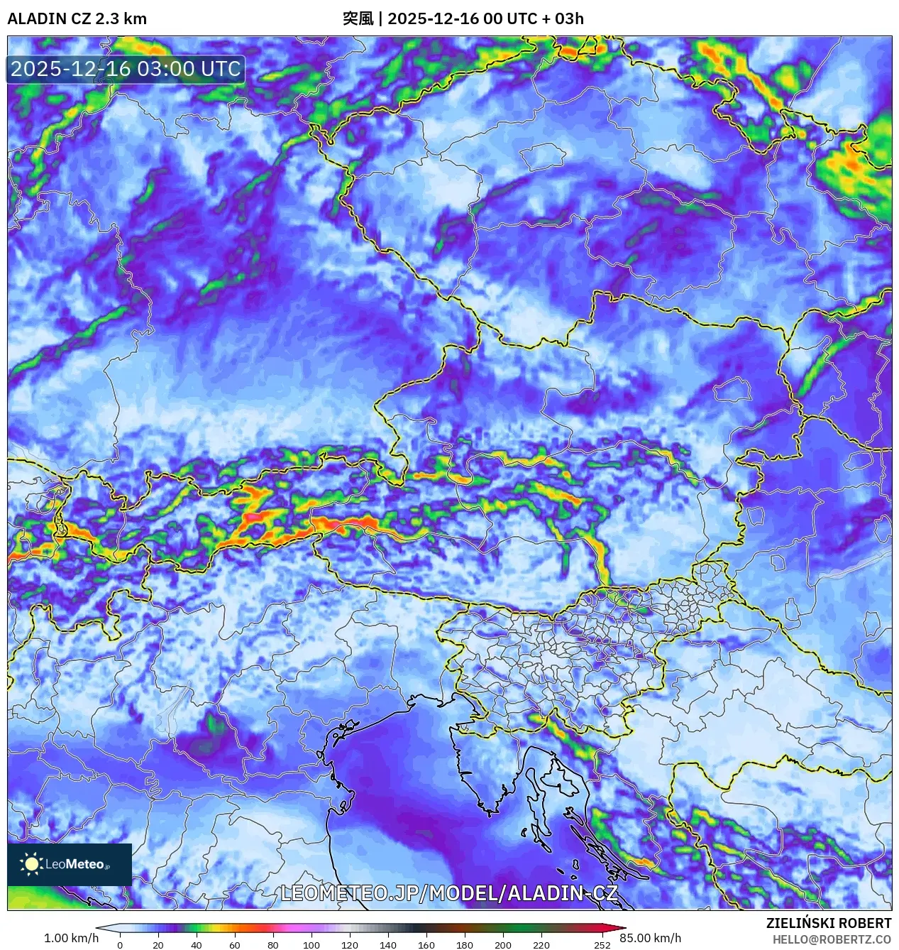 ALADIN CZ 2.3 km model - オーストリア, 突風