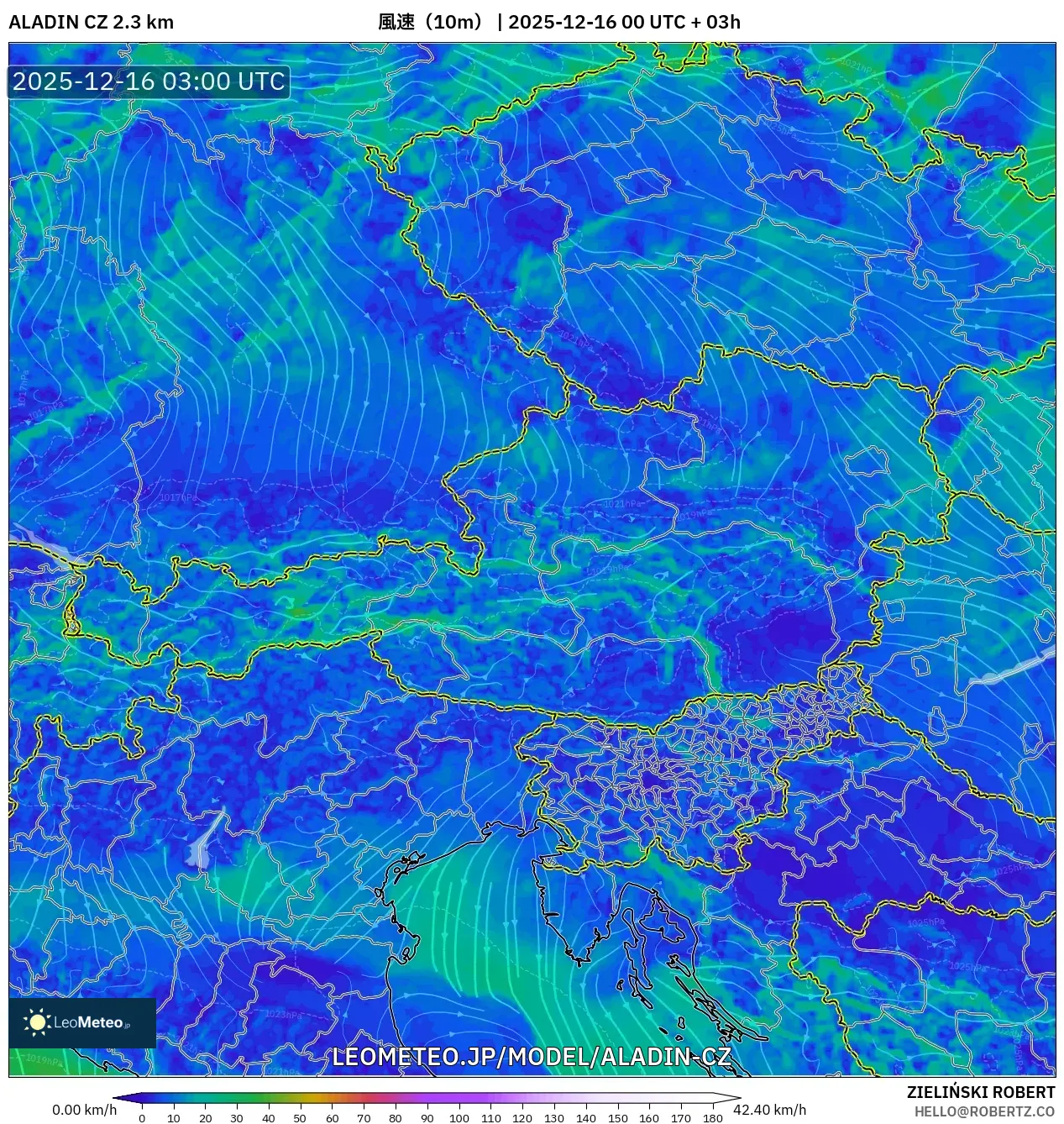 ALADIN CZ 2.3 km model - オーストリア, 風速（10m）