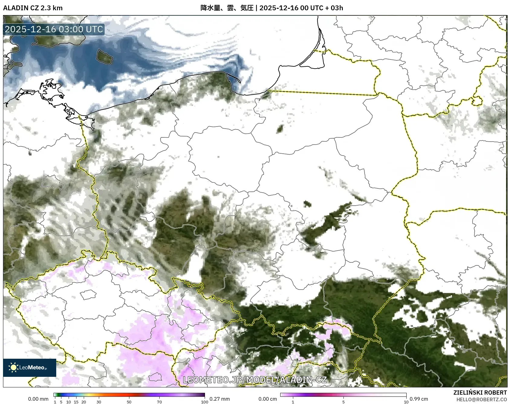 ALADIN CZ 2.3 km model - ポーランド, 降水量、雲、気圧