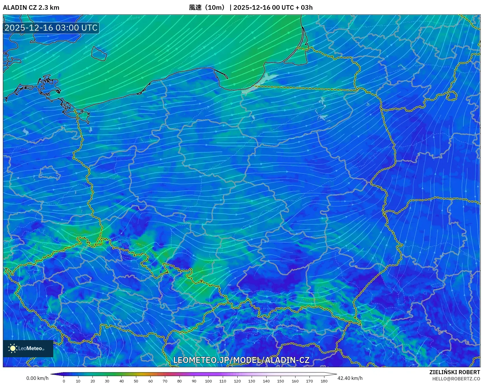 ALADIN CZ 2.3 km model - ポーランド, 風速（10m）