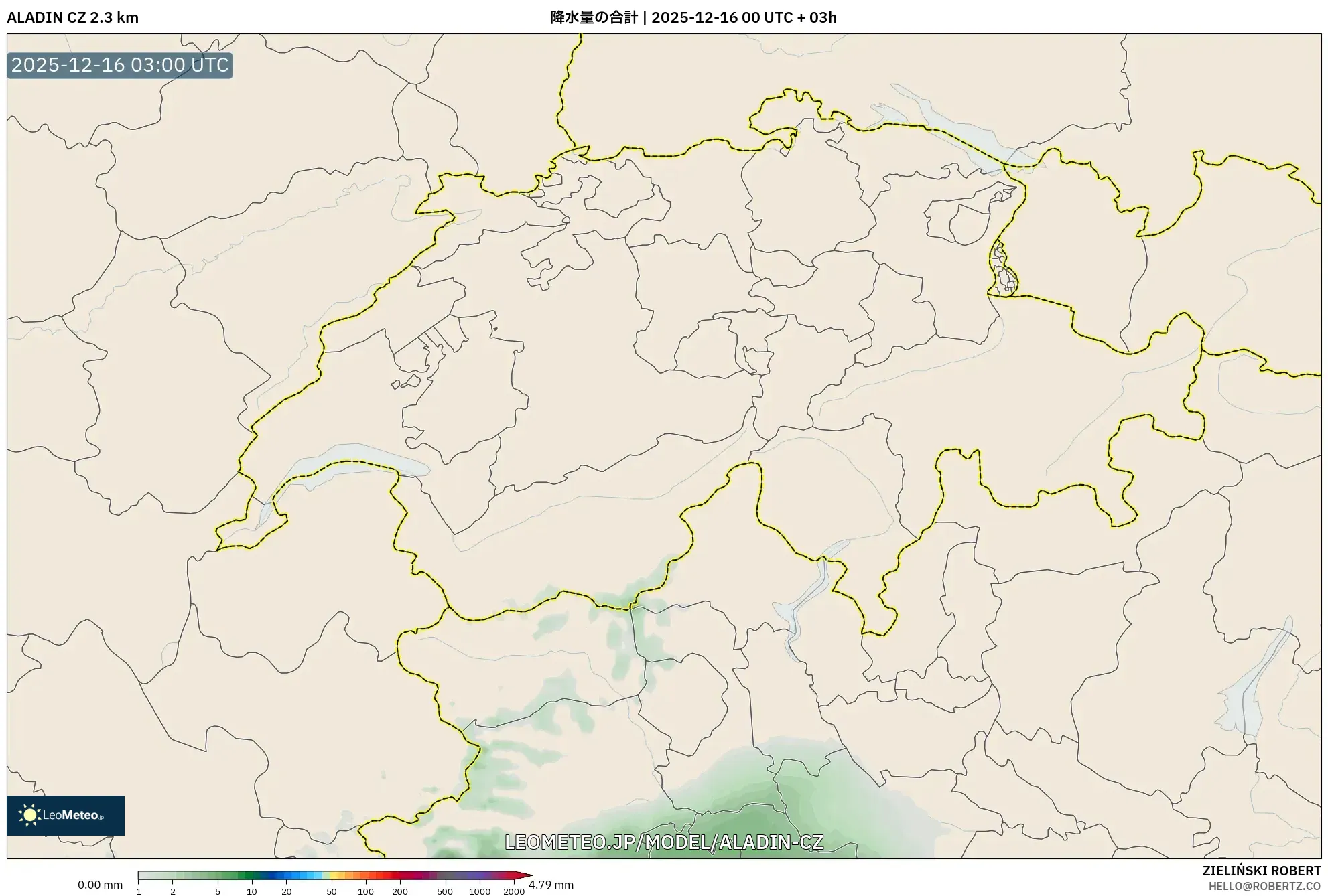 ALADIN CZ 2.3 km model - スイス, 降水量の合計