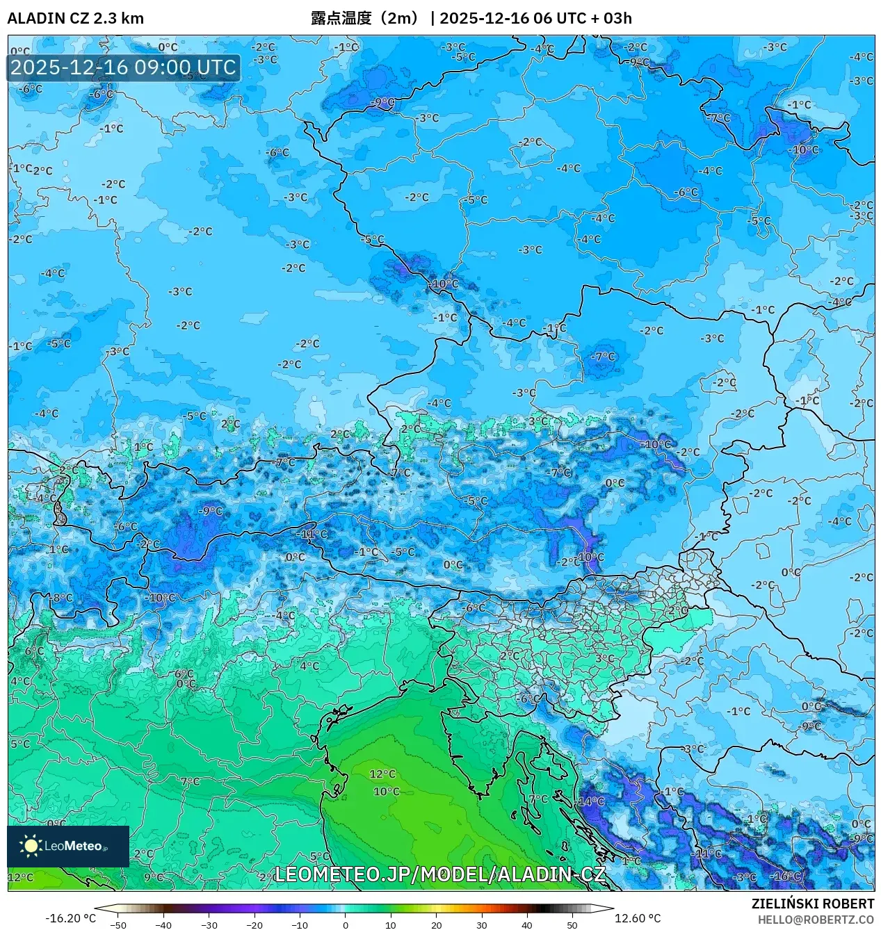 ALADIN CZ 2.3 km model - オーストリア, 露点温度（2m）