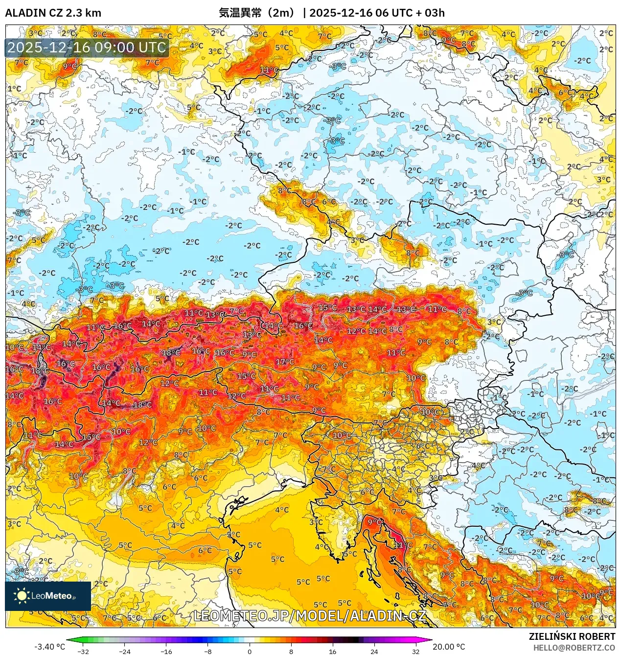 ALADIN CZ 2.3 km model - オーストリア, 気温異常（2m）