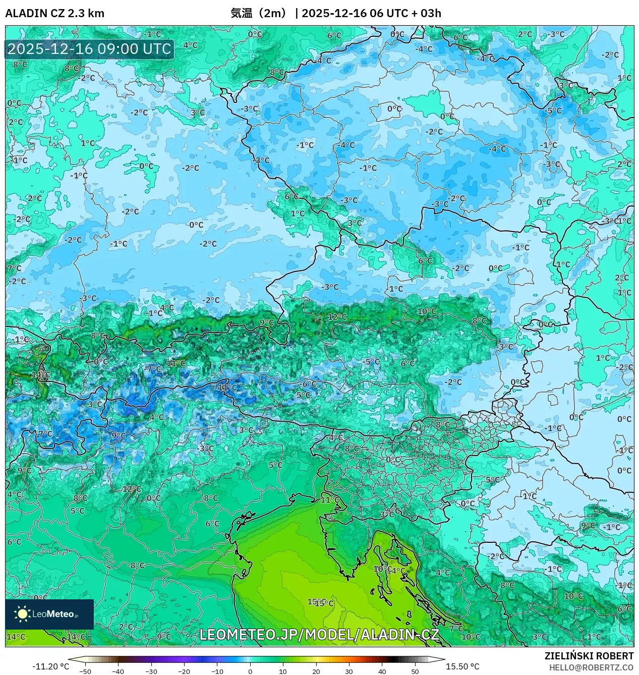 ALADIN CZ 2.3 km model - オーストリア, 気温（2m）