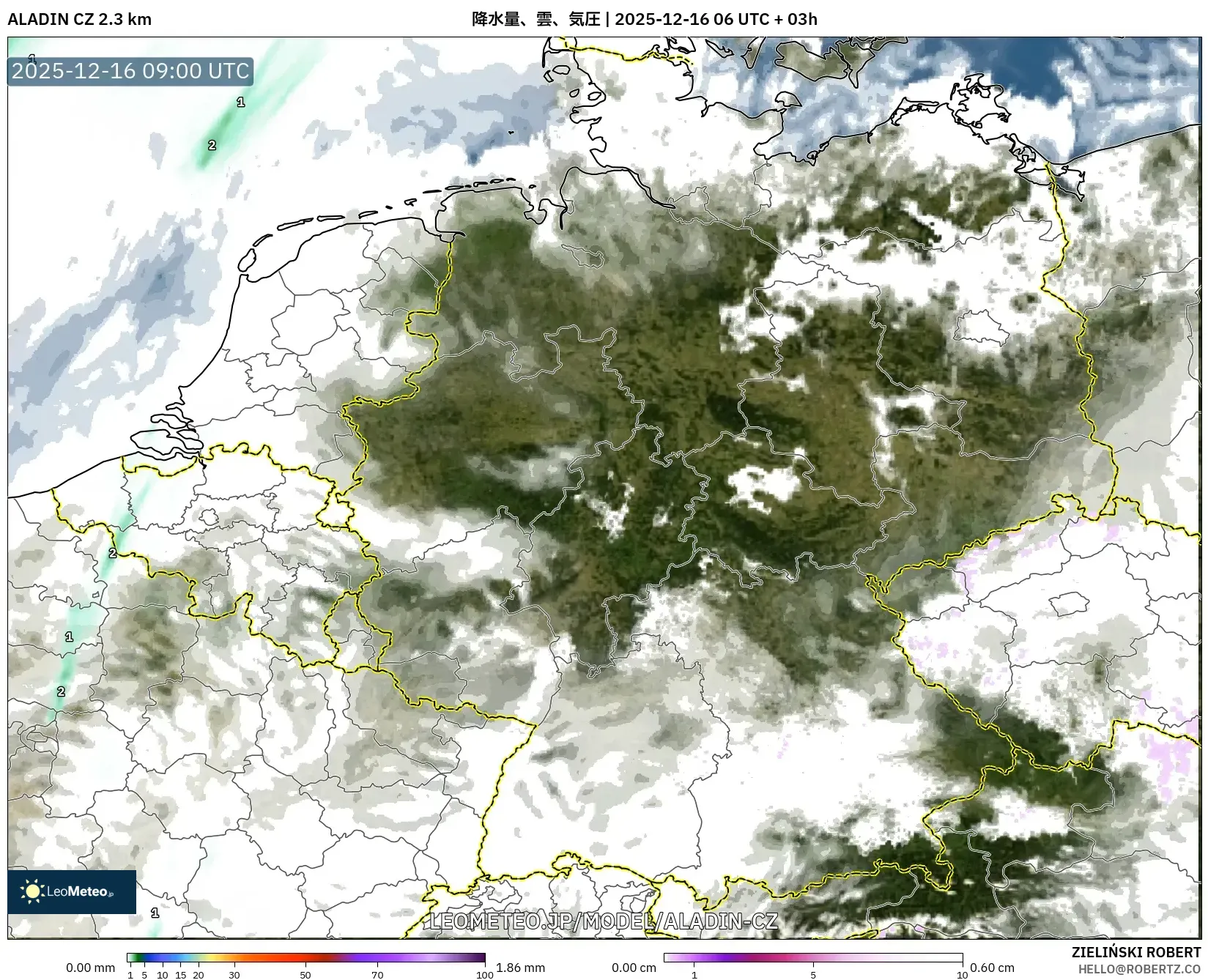 ALADIN CZ 2.3 km model - ドイツ, 降水量、雲、気圧
