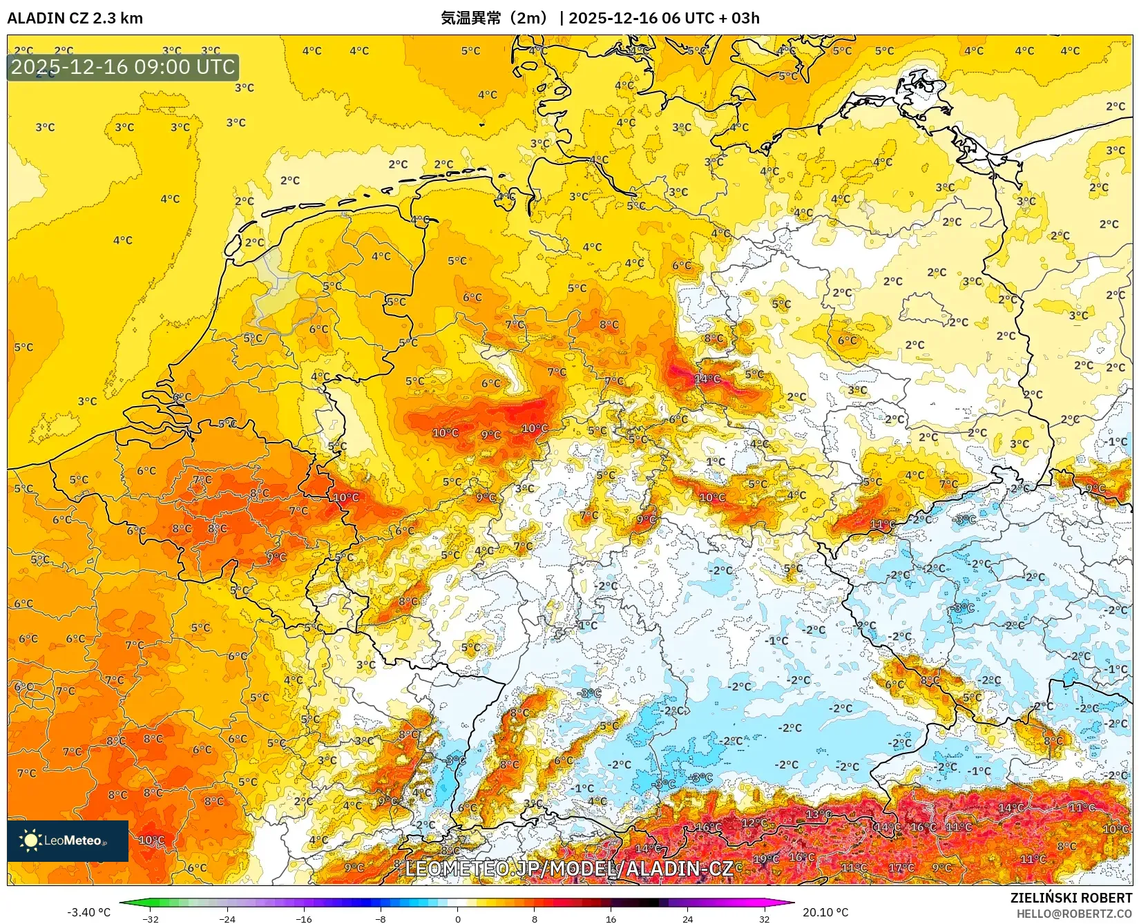 ALADIN CZ 2.3 km model - ドイツ, 気温異常（2m）
