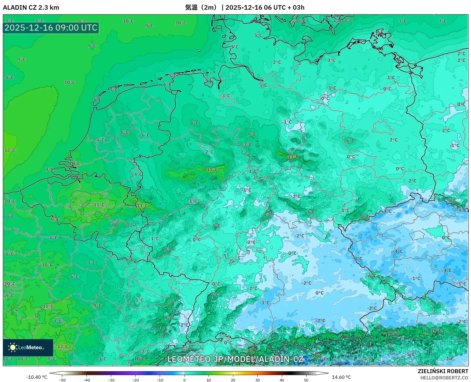 ALADIN CZ 2.3 km model - ドイツ, 気温（2m）