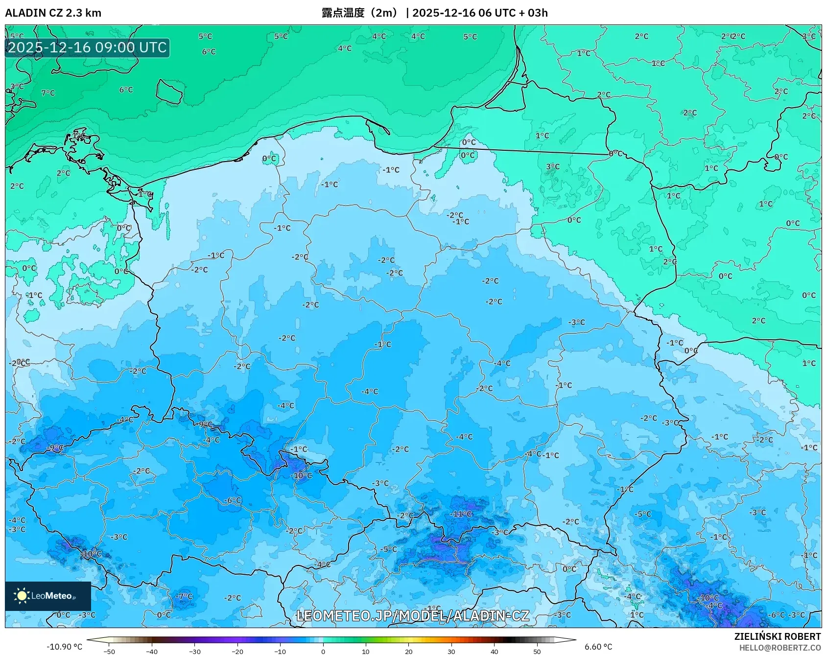 ALADIN CZ 2.3 km model - ポーランド, 露点温度（2m）