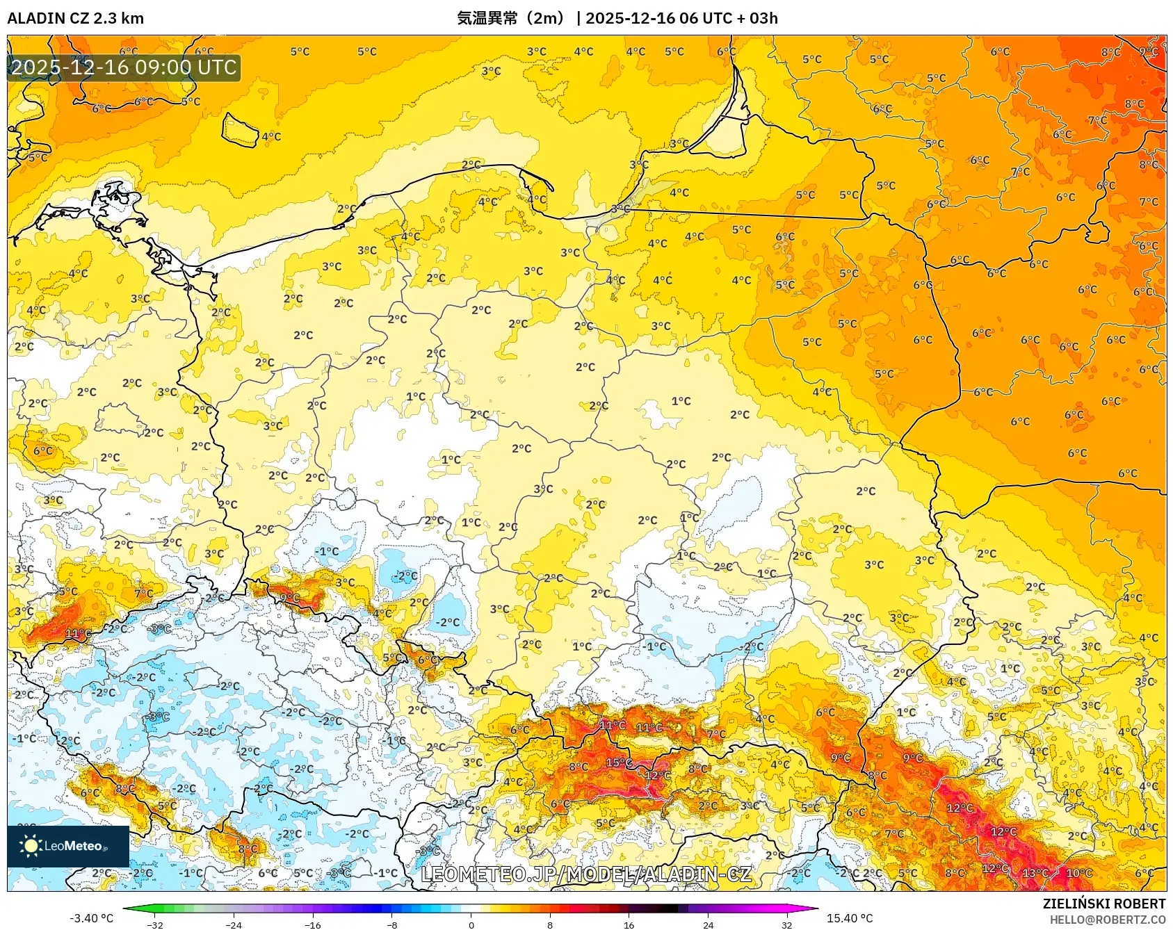 ALADIN CZ 2.3 km model - ポーランド, 気温異常（2m）