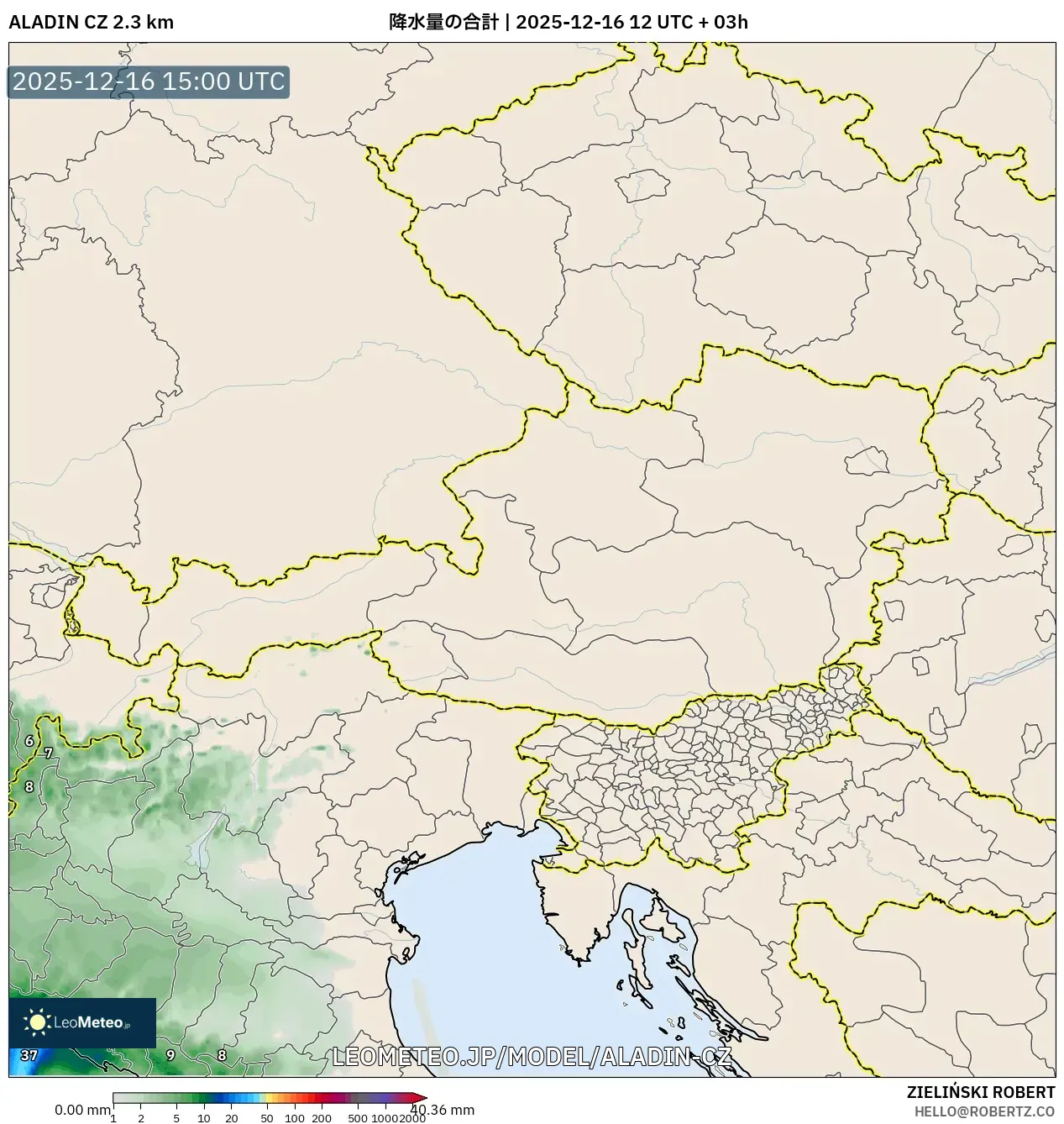 ALADIN CZ 2.3 km model - オーストリア, 降水量の合計