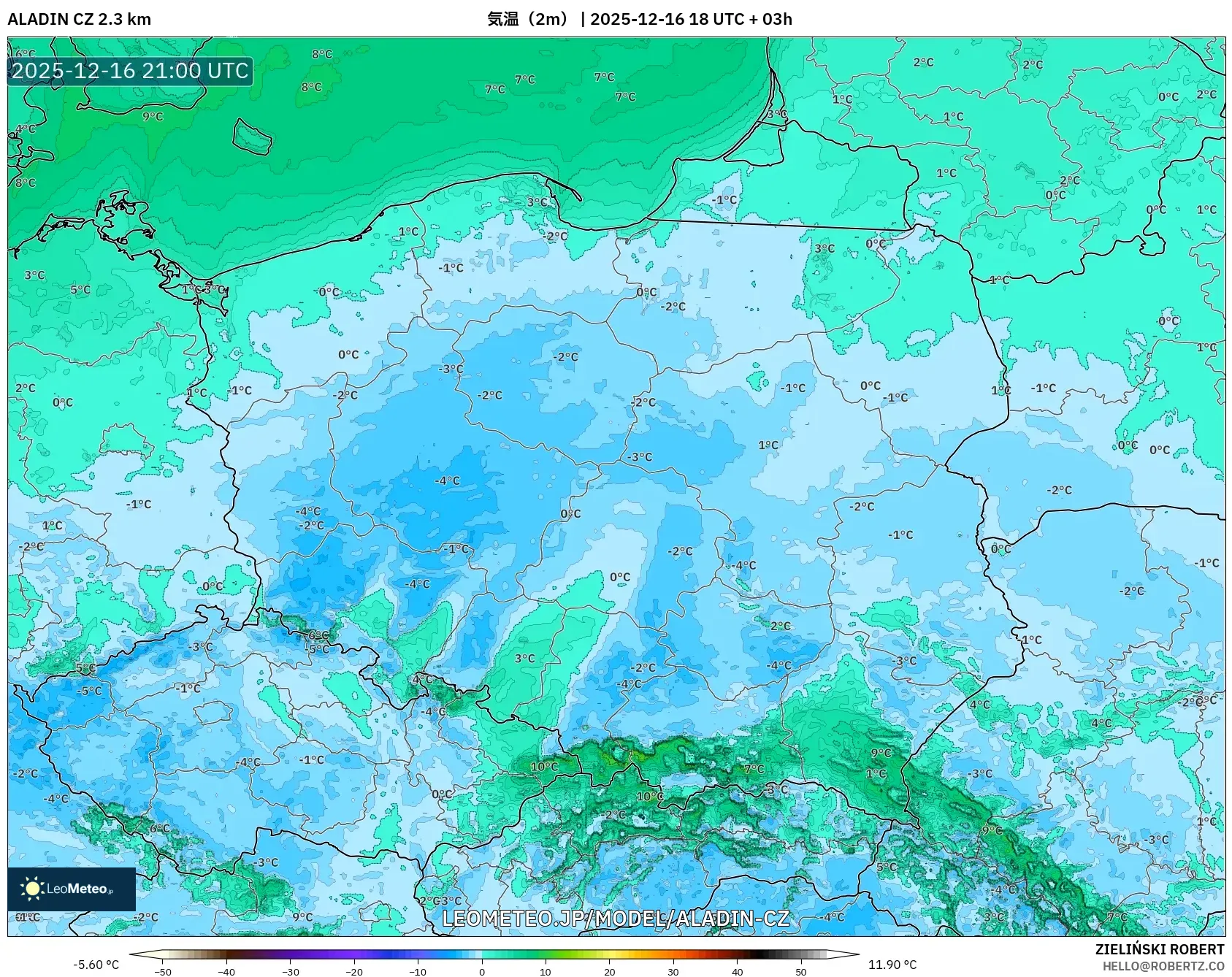 ALADIN CZ 2.3 km model - ポーランド, 気温（2m）