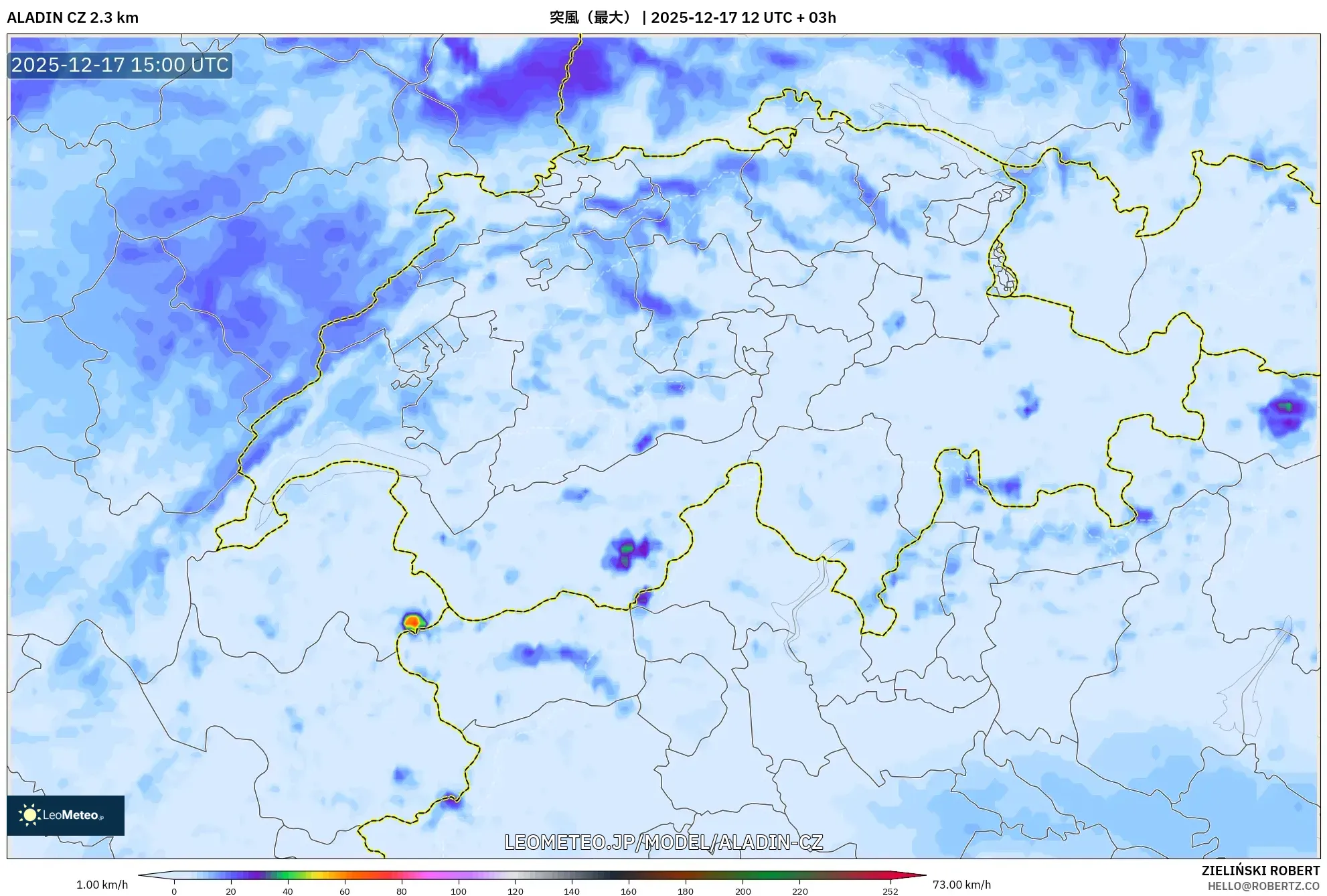 ALADIN CZ 2.3 km model - スイス, 突風（最大）